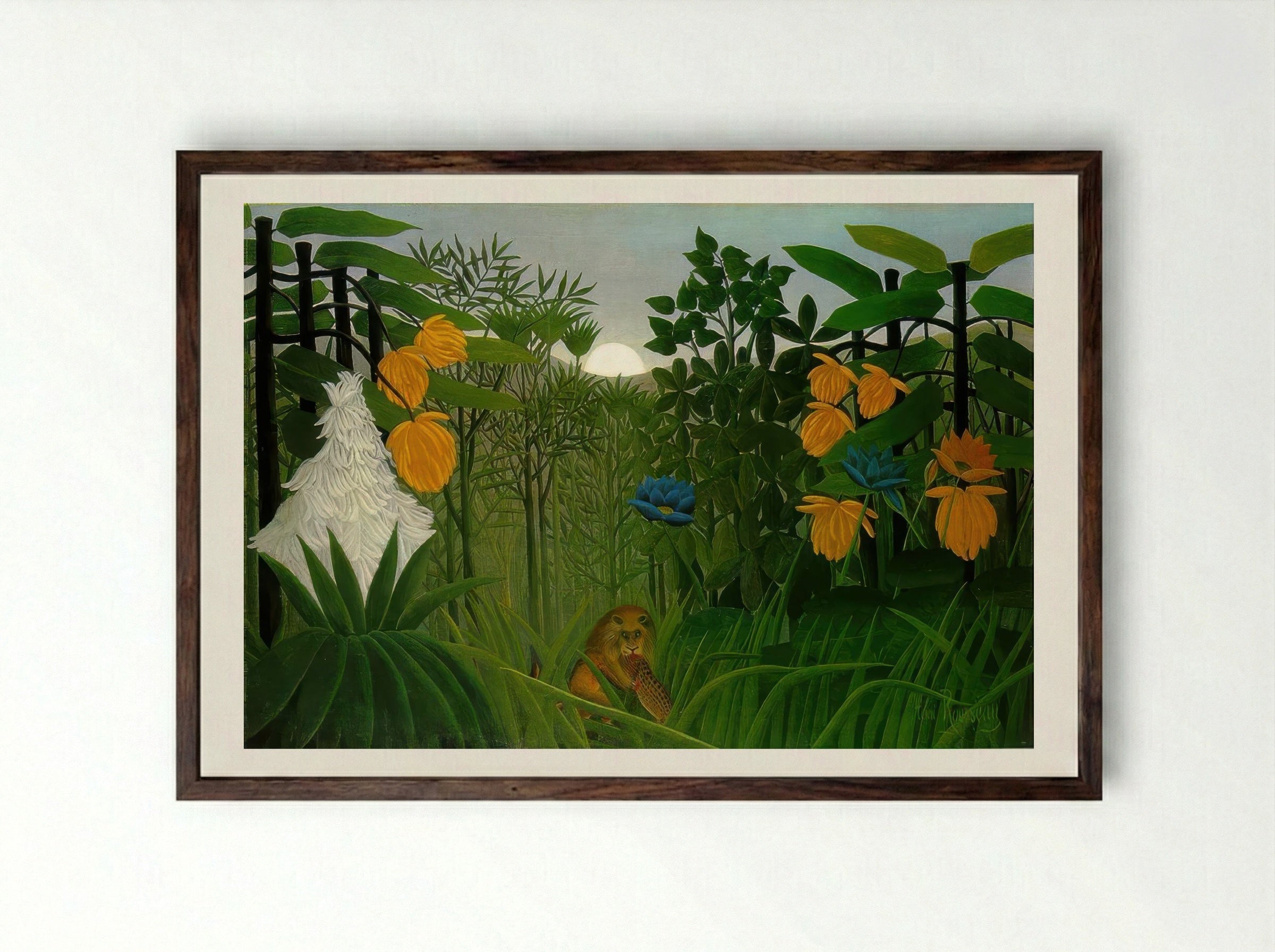 The Repast of the Lion by Henri Rousseau – Naïve Art Jungle Wildlife Print - Framed Print Dark Wood