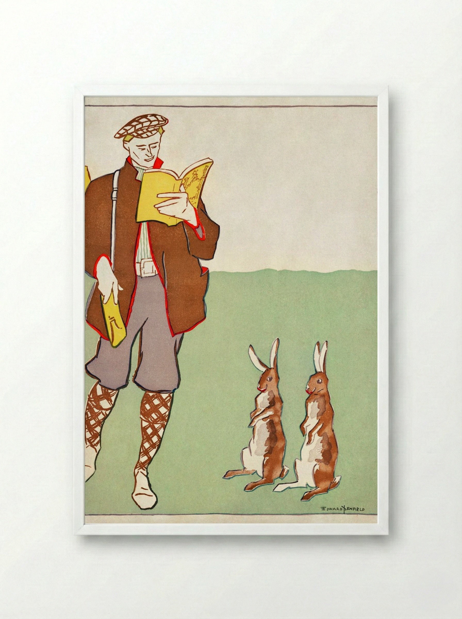 Man Reading a Book with Hares - Edward Penfield - Framed Print White