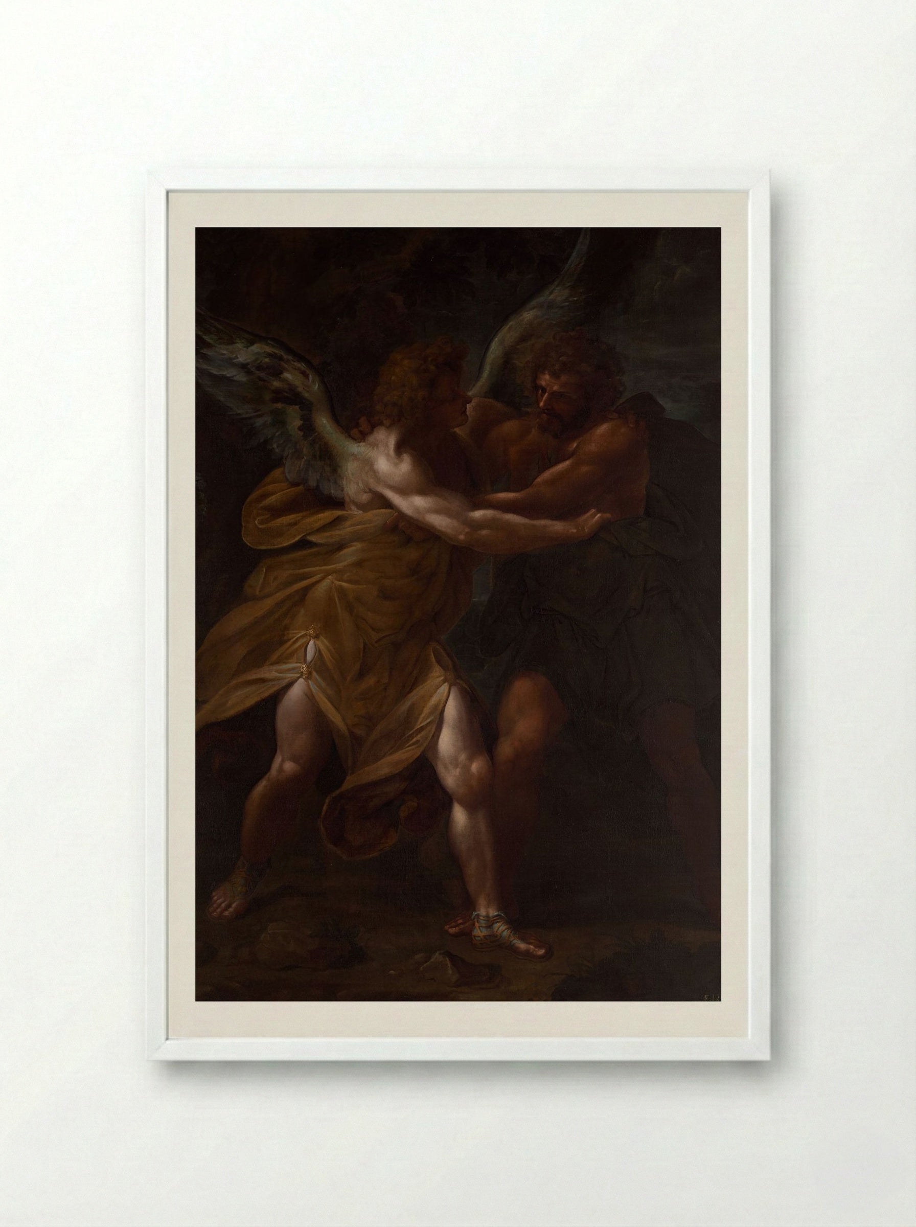Jacob Wrestling with the Angel - Ferdinand Piloty - Framed Print White
