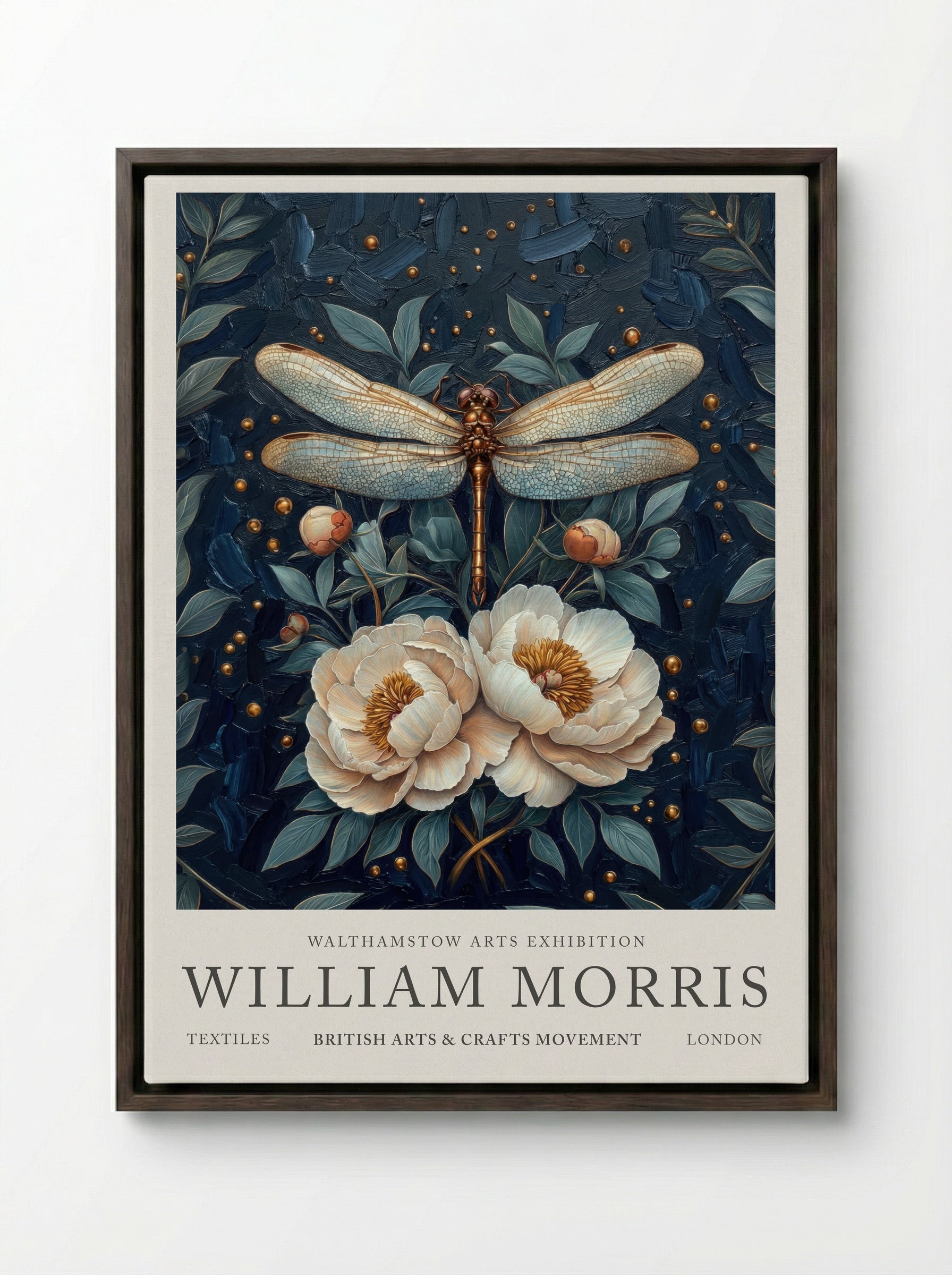 Dragonfly Dazzle - William Morris - Framed Canvas Dark Wood
