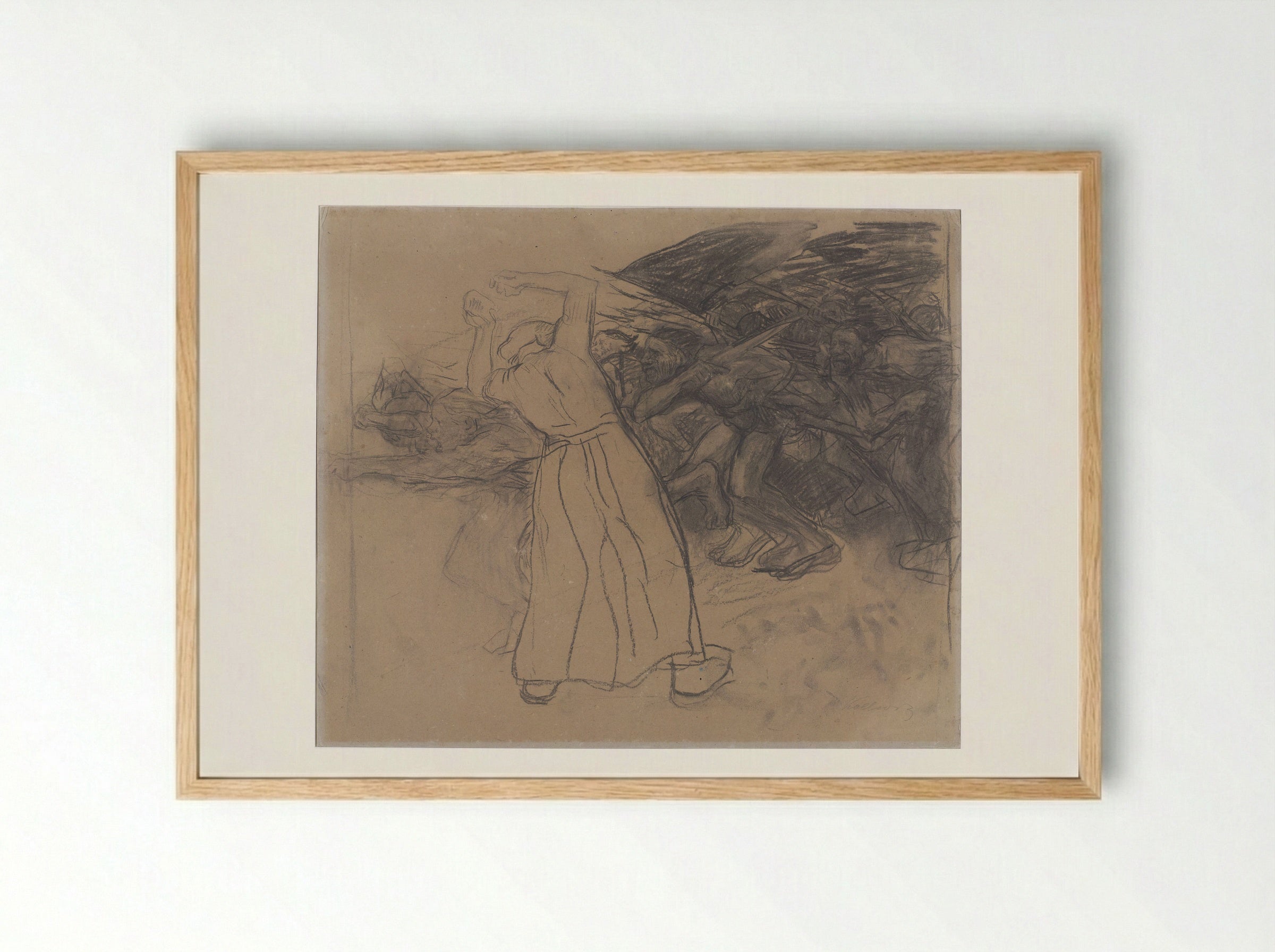 Standing Woman Encouraging a Marching Group of Men - Käthe Kollwitz - Framed Print Wood