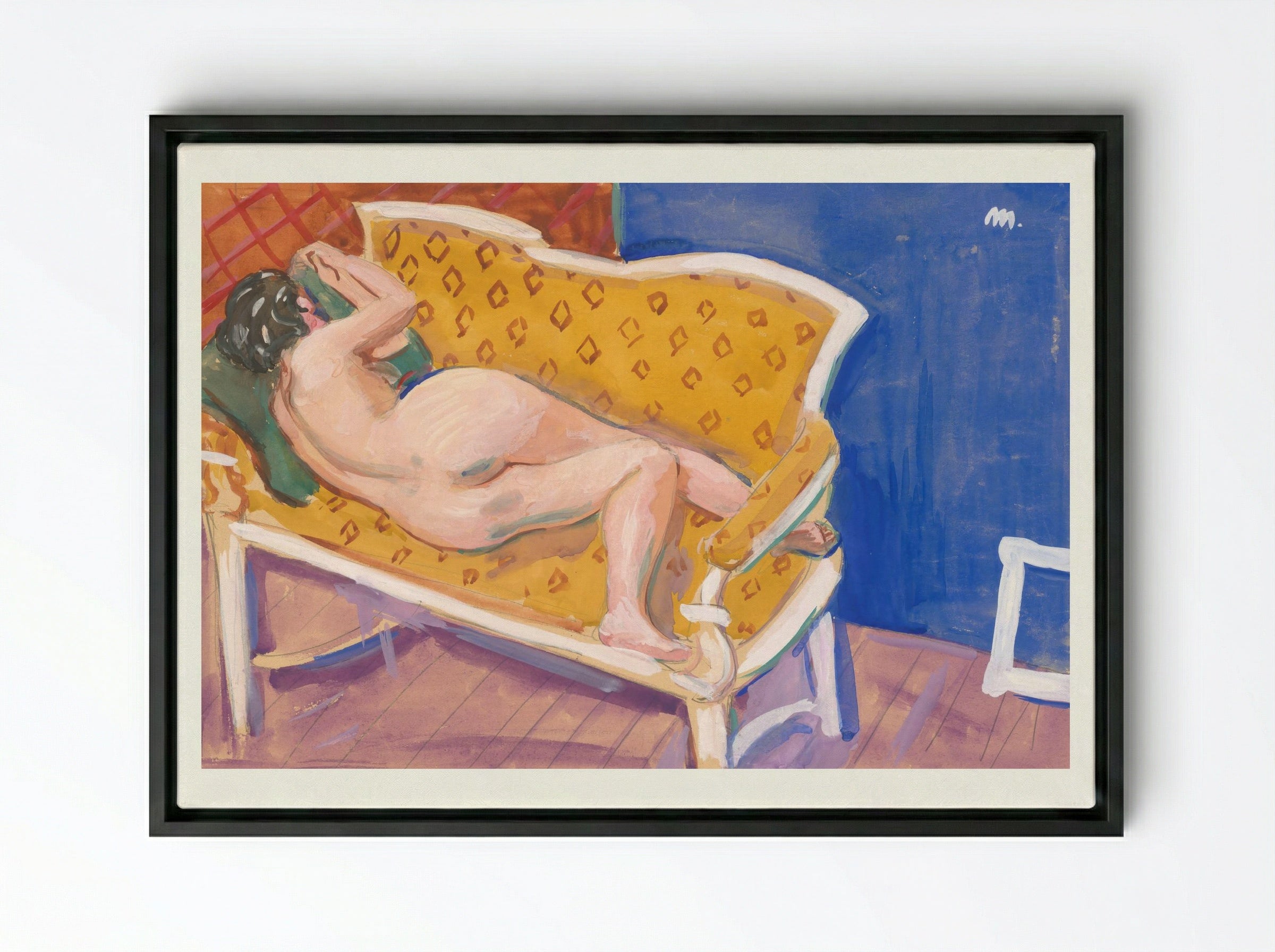 Reclining Nude on Yellow Sofa - Cyprián Majerník - Framed Canvas Black