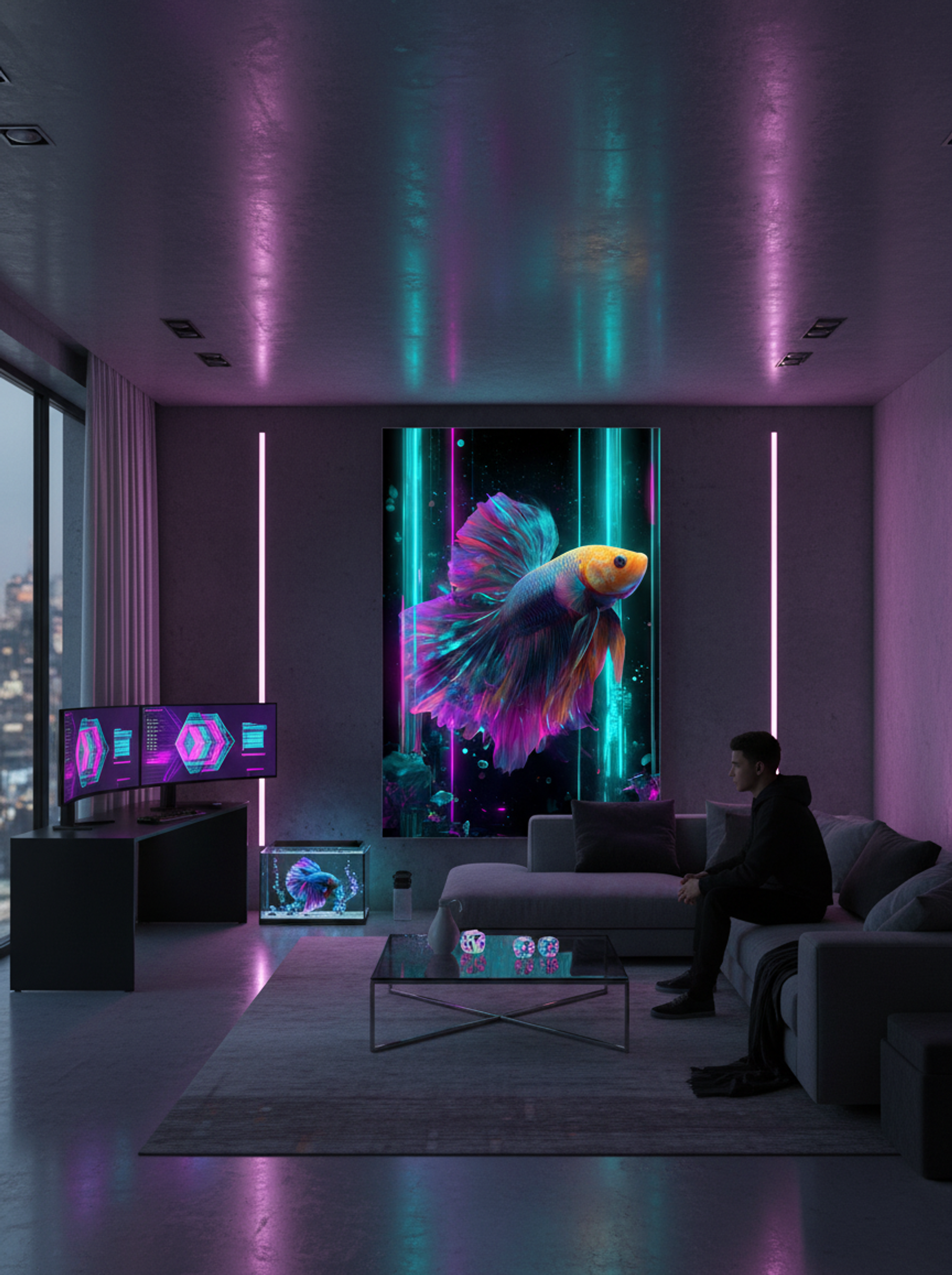 Neon Betta No.1 – Radiant Glowfish in Cyan & Magenta - Lifestyle