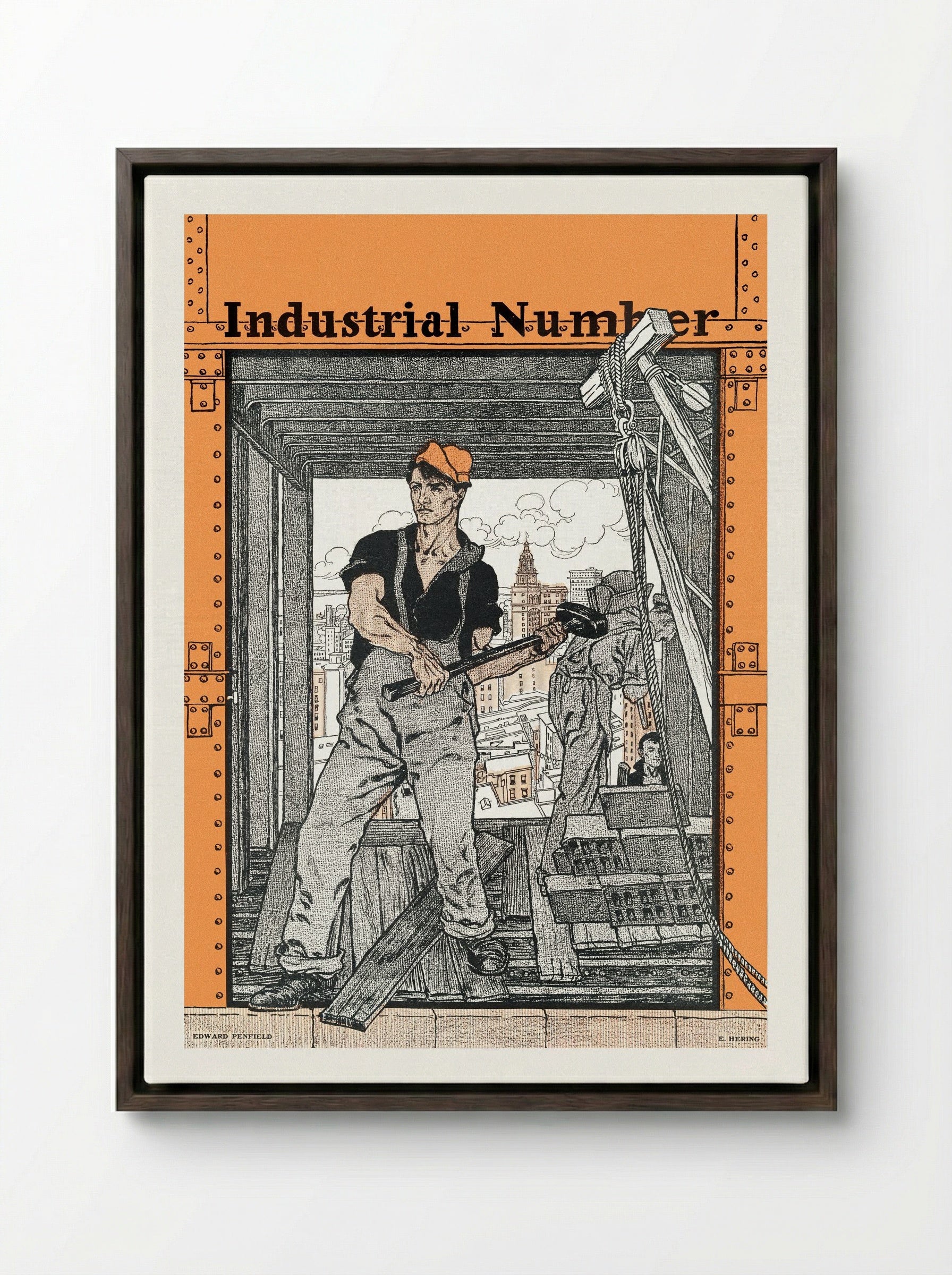 Industrial Number - Edward Penfield - Framed Canvas Dark Wood