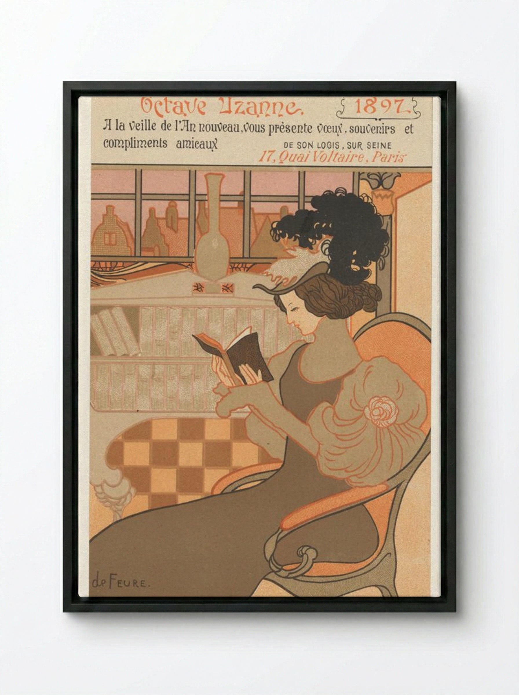 Nieuwjaarswens van Octave Uzanne voor het jaar 1897 (New Year's Greeting Card for Octave Uzanne, 1897) - Georges de Feure - Framed Canvas Black