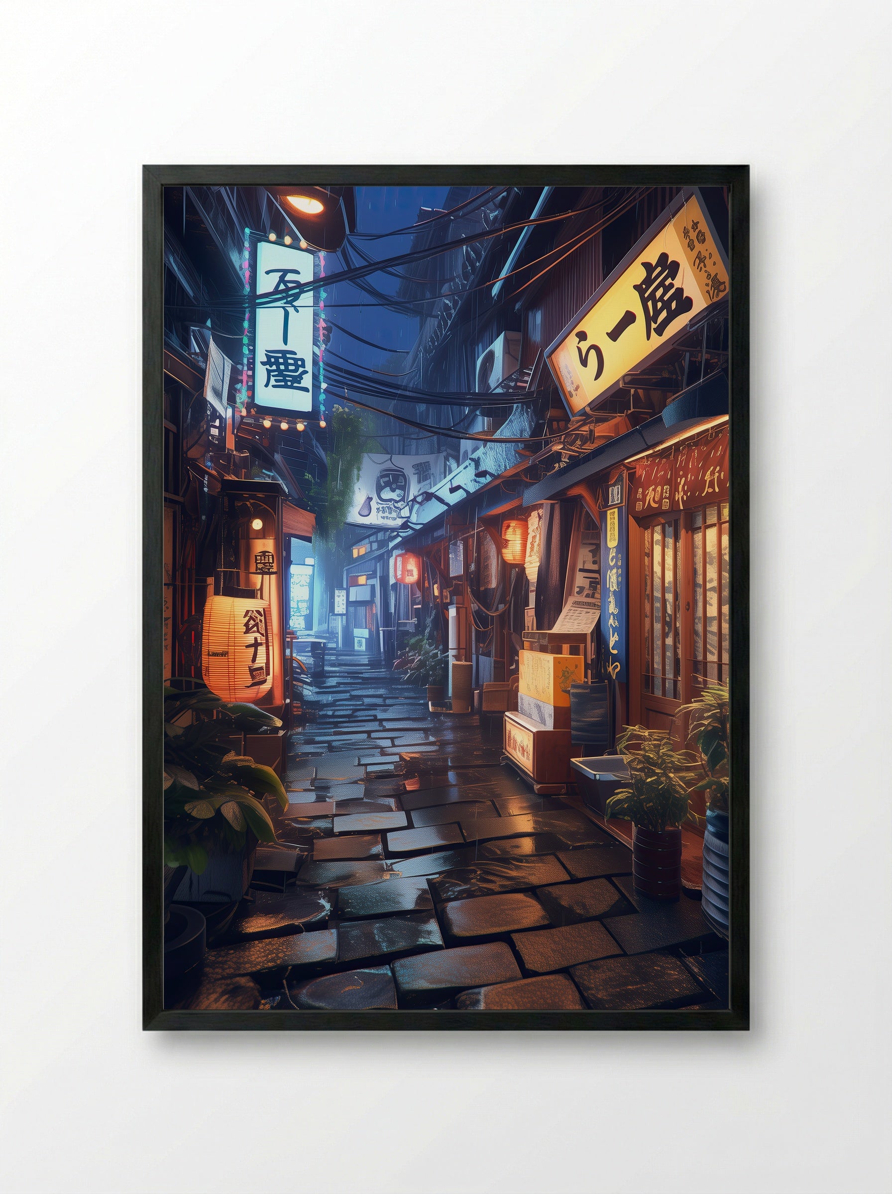 Rainfall in Tokyo’s Lantern Alley - Framed Print Black