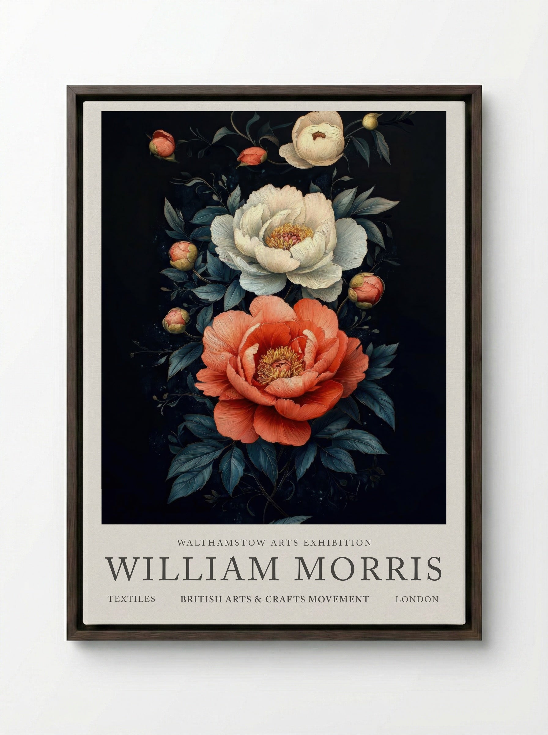 Peony Reverie - William Morris - Framed Canvas Dark Wood