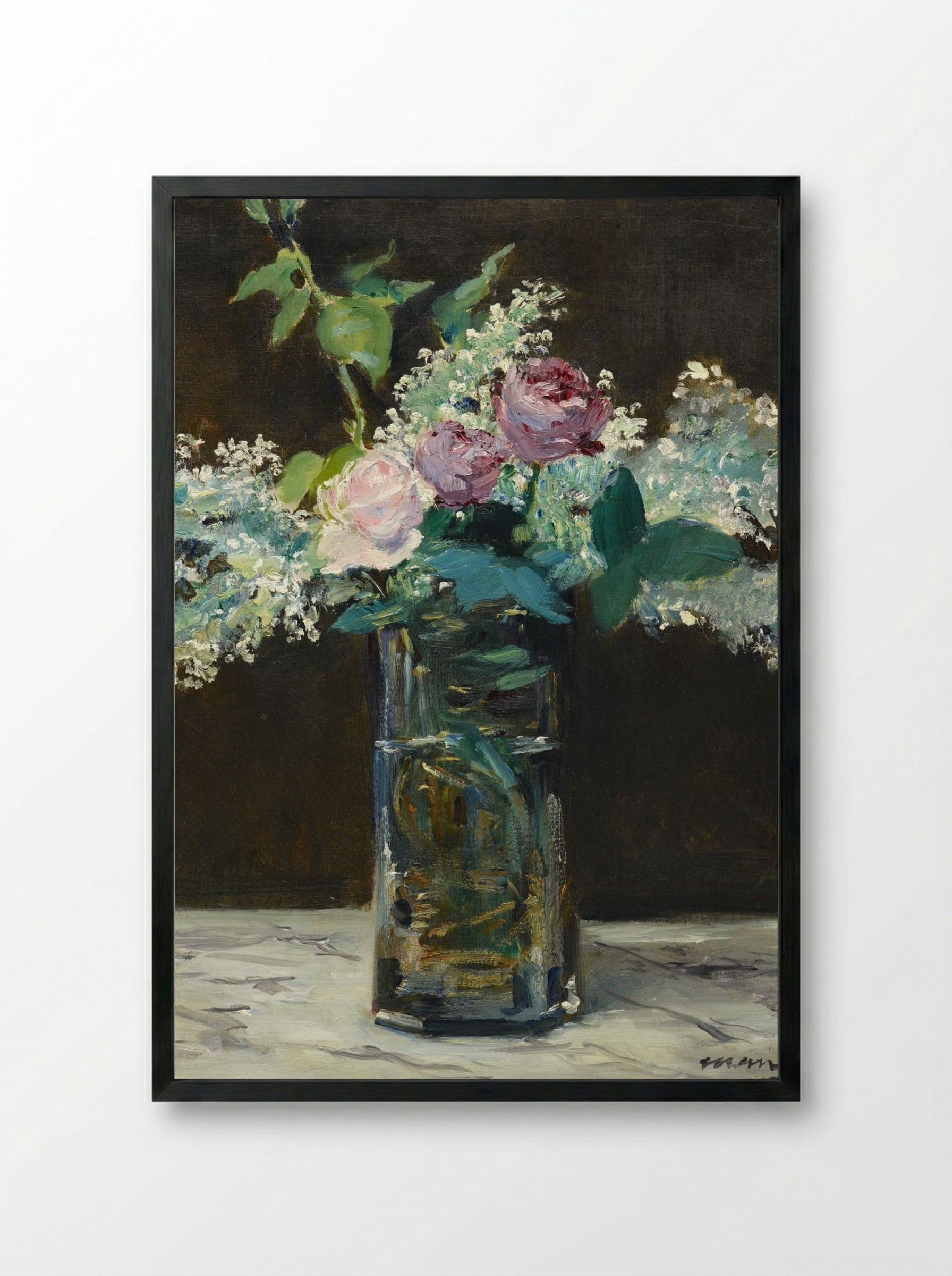 Vase of White Lilacs and Roses - Édouard Manet - Framed Print Black