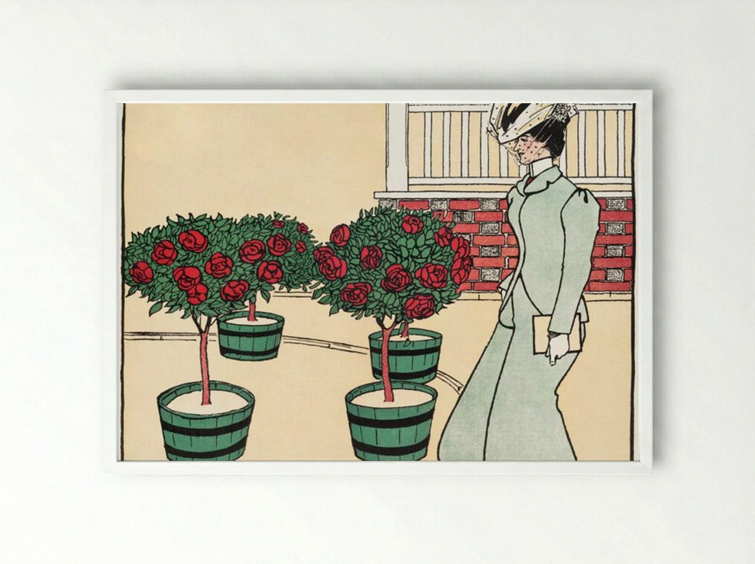 Woman in Rose Garden - Edward Penfield - Framed Print White