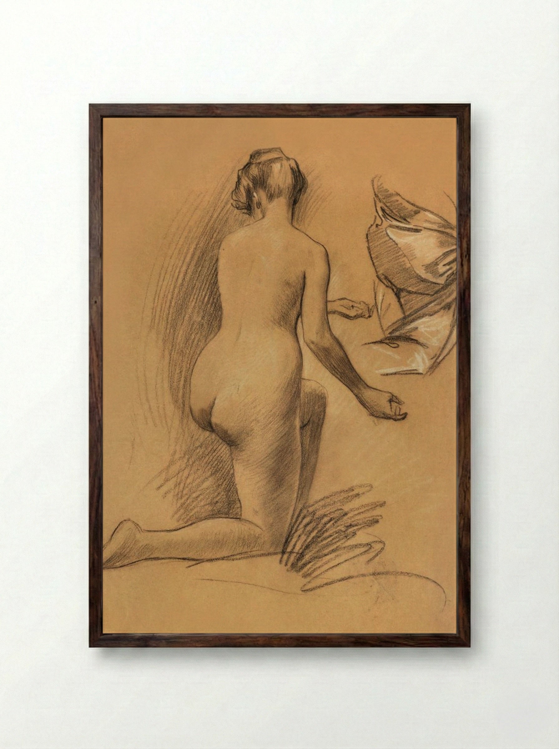 Study of Kneeling Nude Figure - Louis Schaettle - Framed Print Dark Wood
