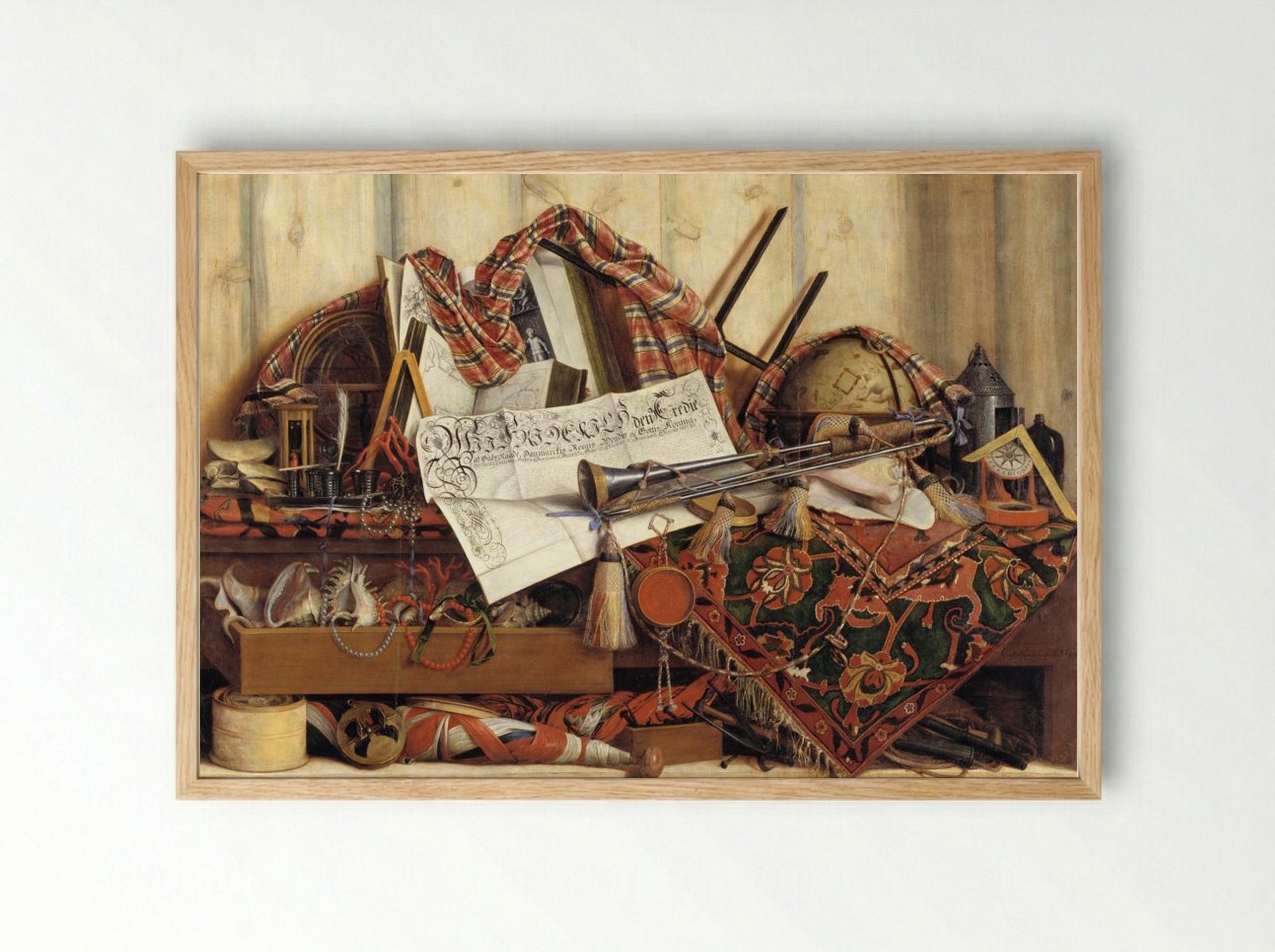 Trompe l'oeil with trumpet, celestial globe and Frederik III's proclamation - Cornelis Norbertus Gysbrechts - Framed Print Wood