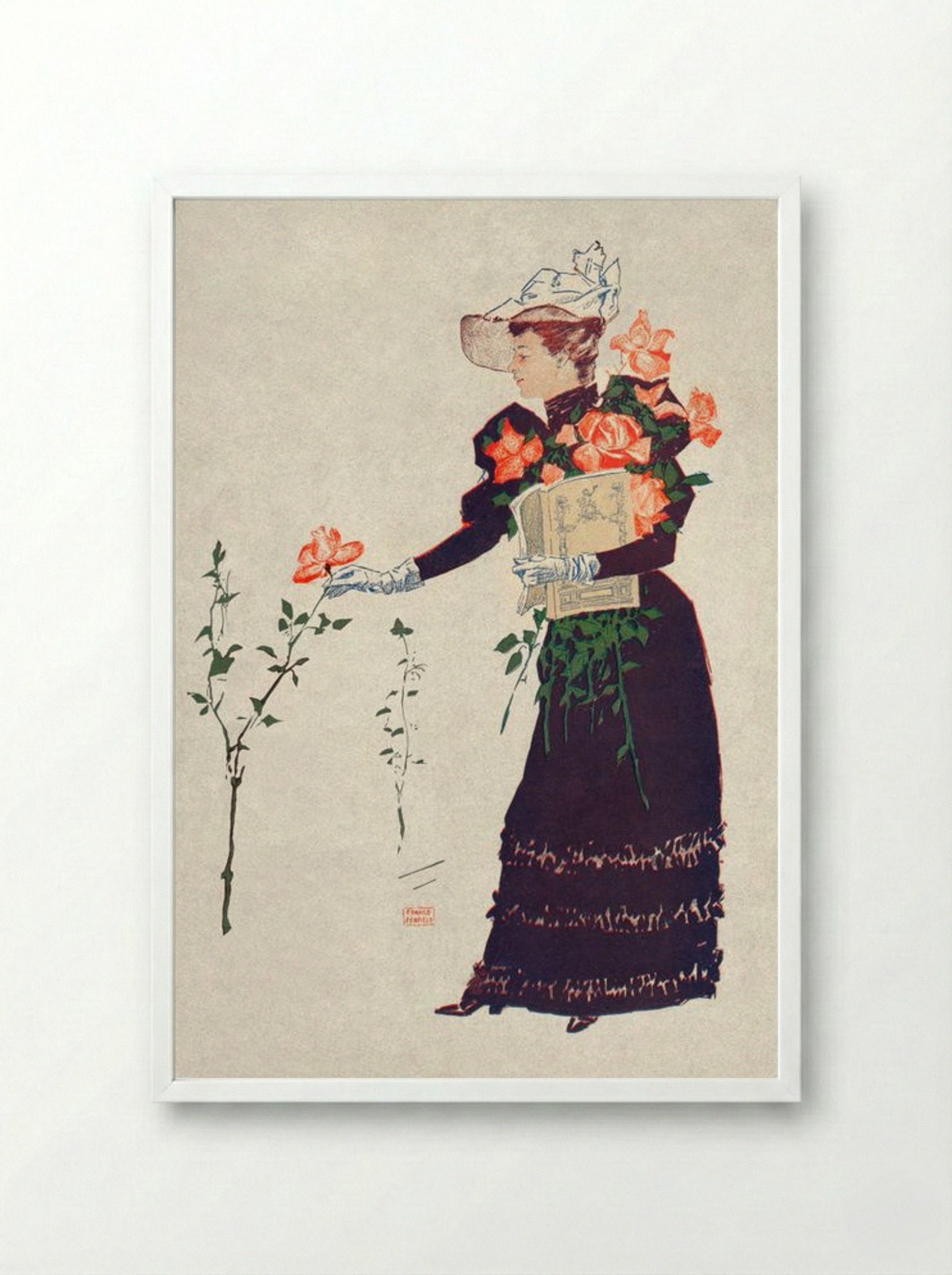 Woman Picking Up Flowers - Edward Penfield - Framed Print White