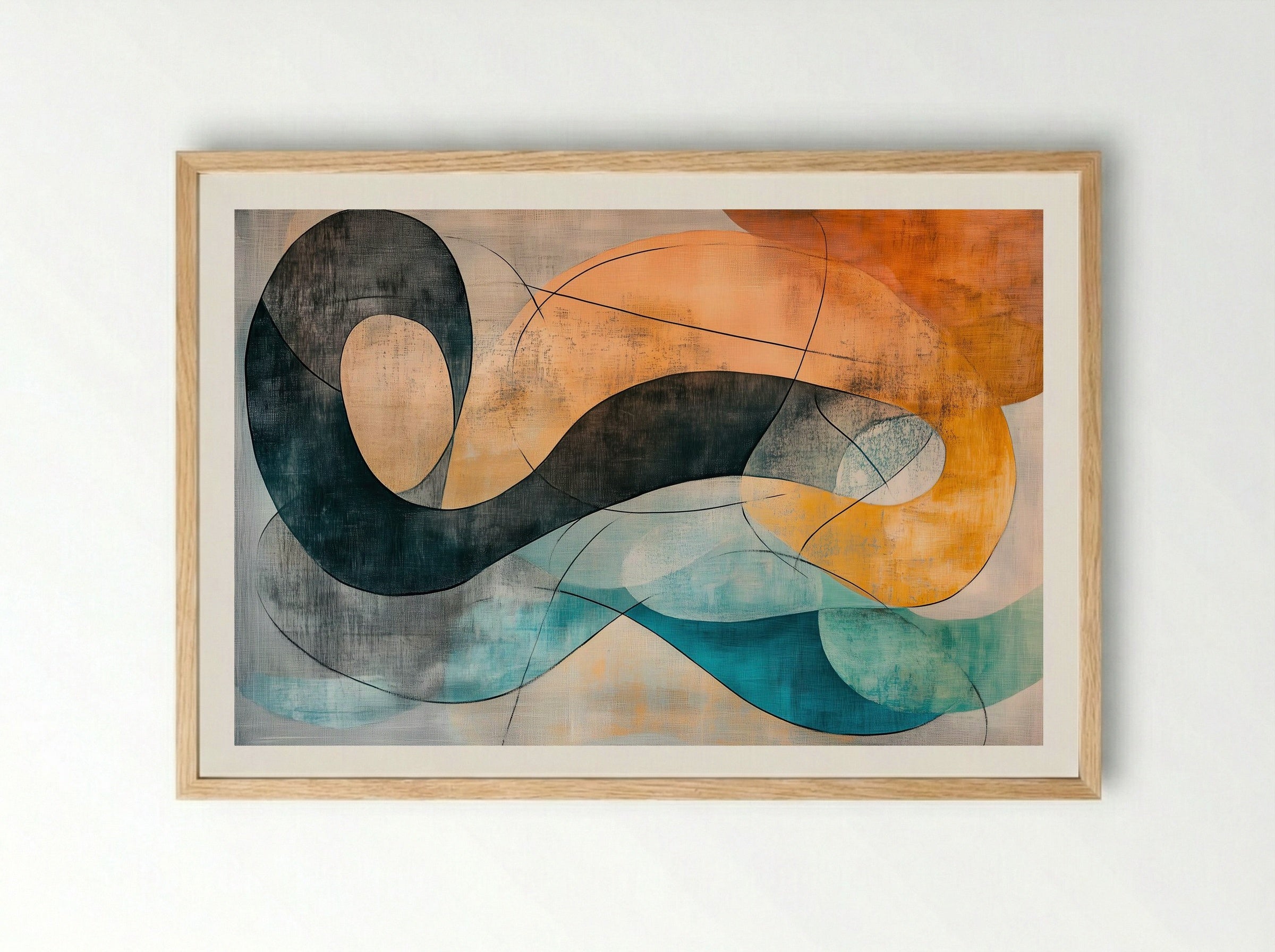 Coastal Motion – Abstract Flow in Teal, Ochre and Charcoal - Framed Print Wood