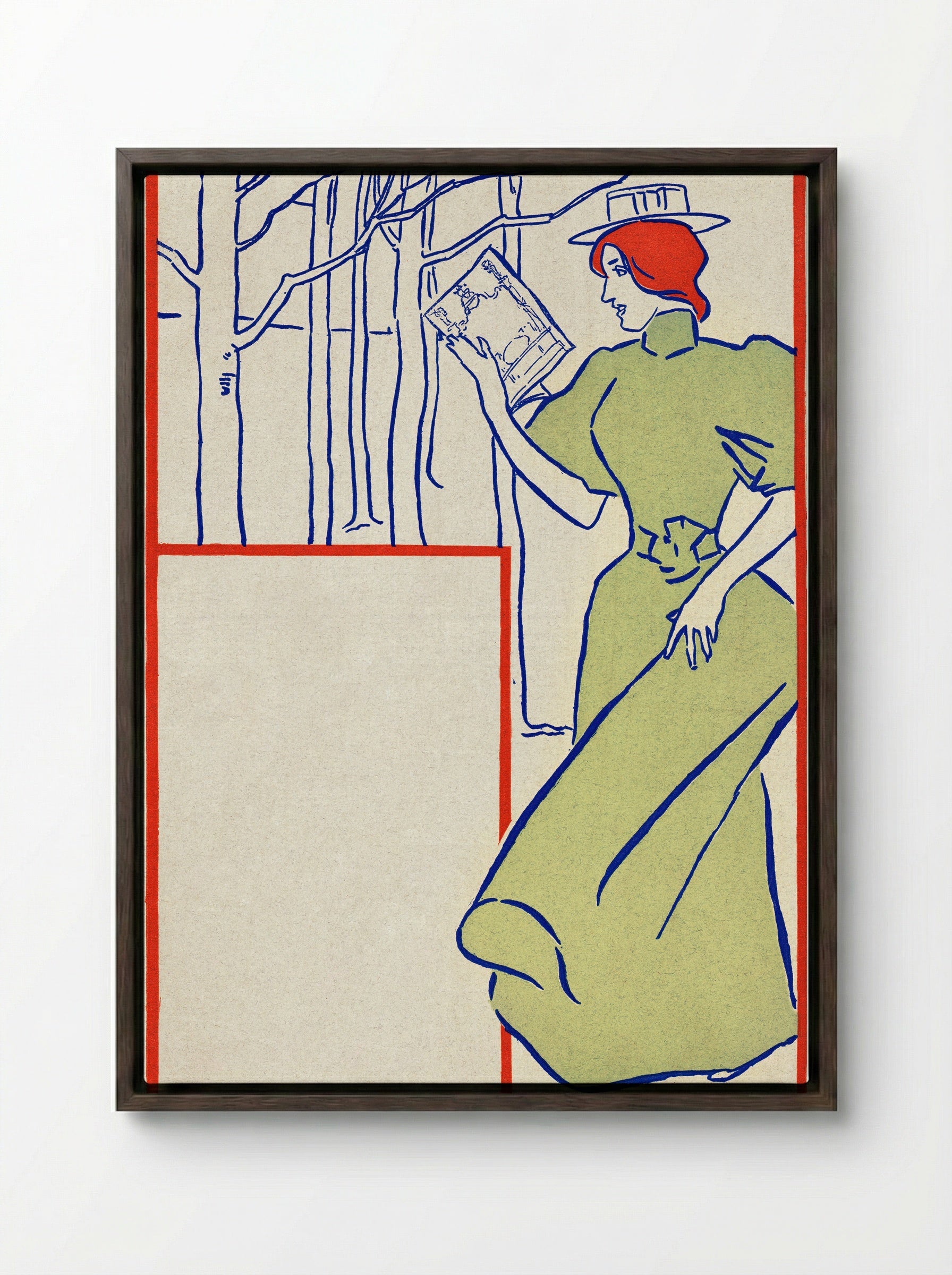 Woman in Green Dress Reading a Book - Edward Penfield - Framed Canvas Dark Wood