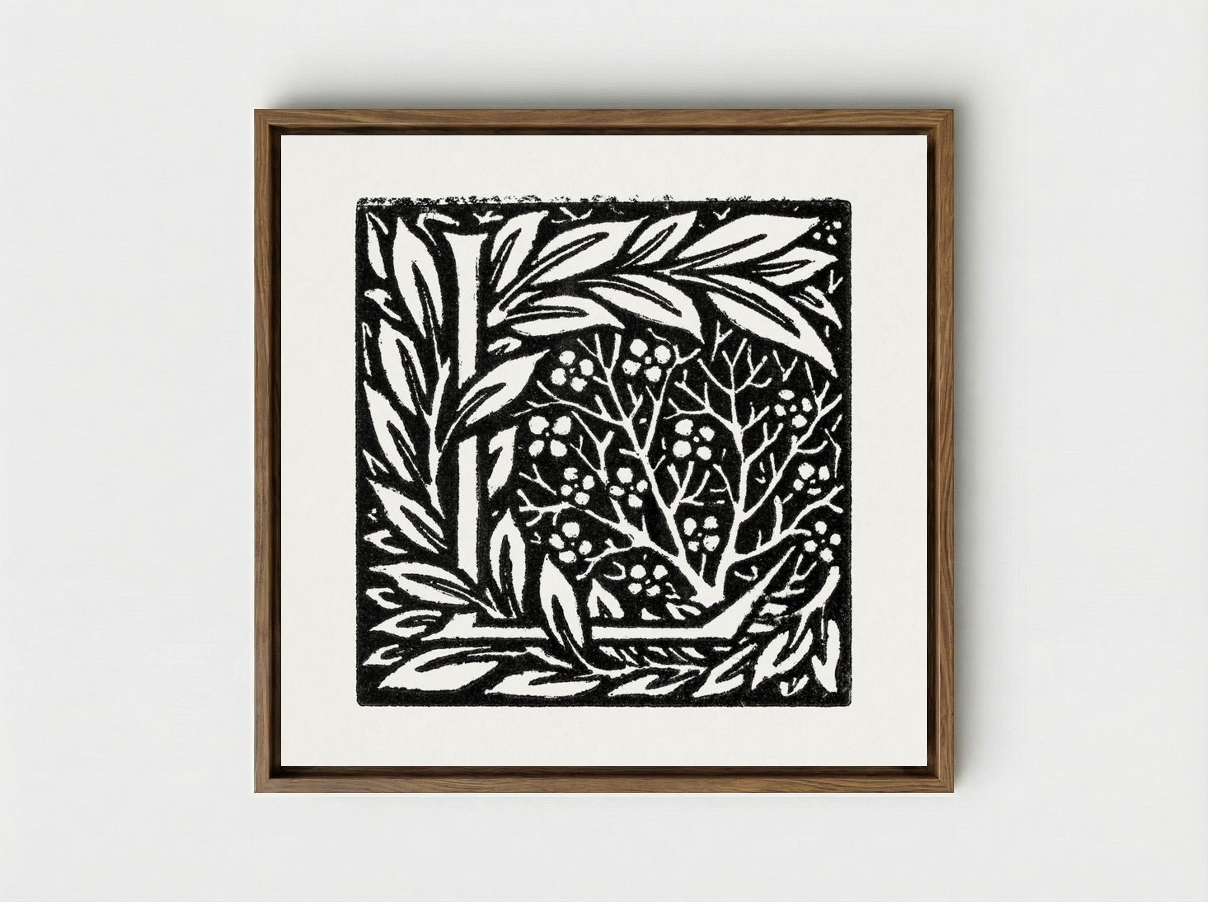 Love is Enough - Initial letter 'L' entwined with Laurel Leaves - William Morris - Framed Canvas Wood