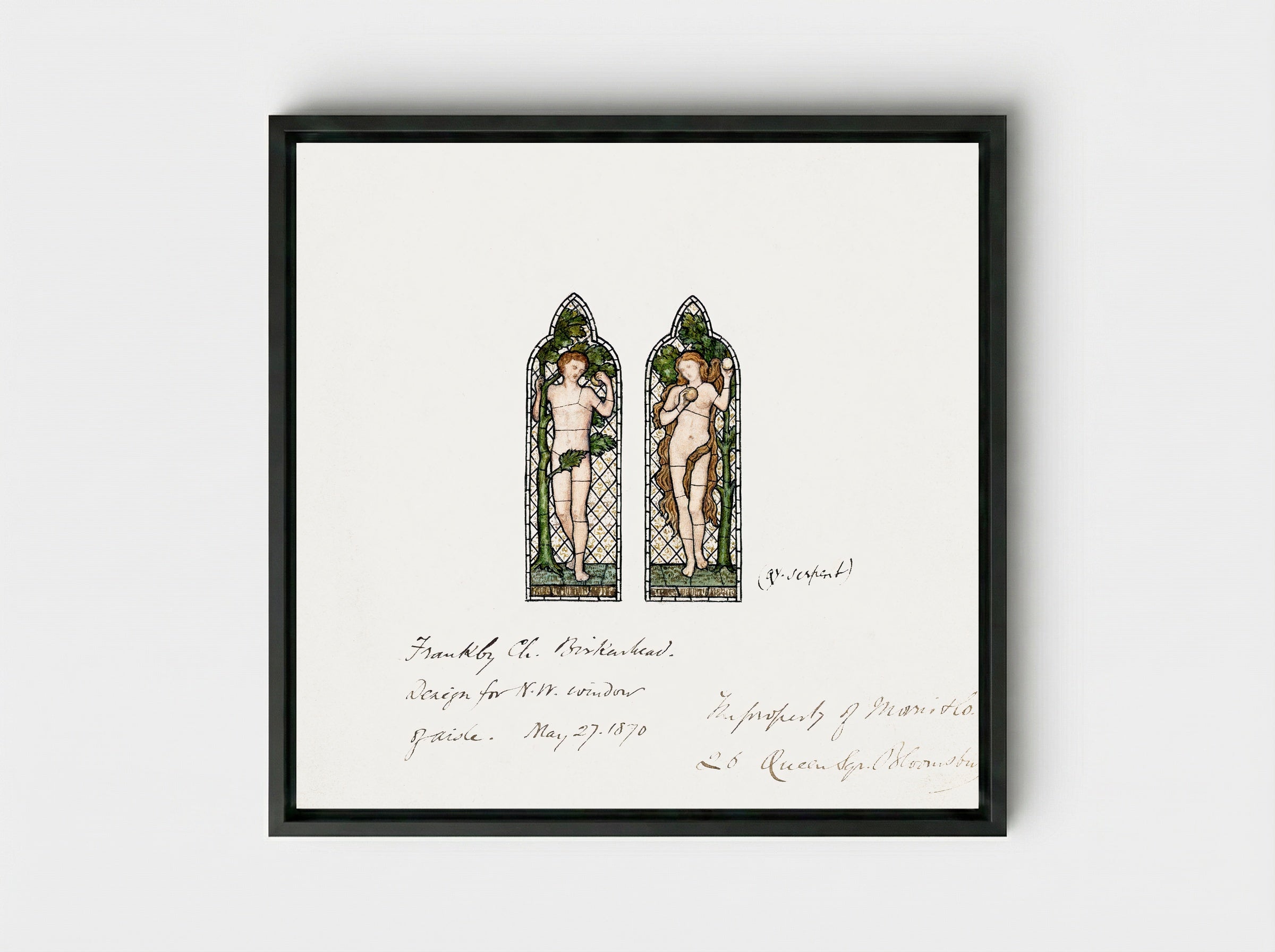 Design for Stained Glass Window: Adam and Eve - Fine Art Print - Framed Canvas Black