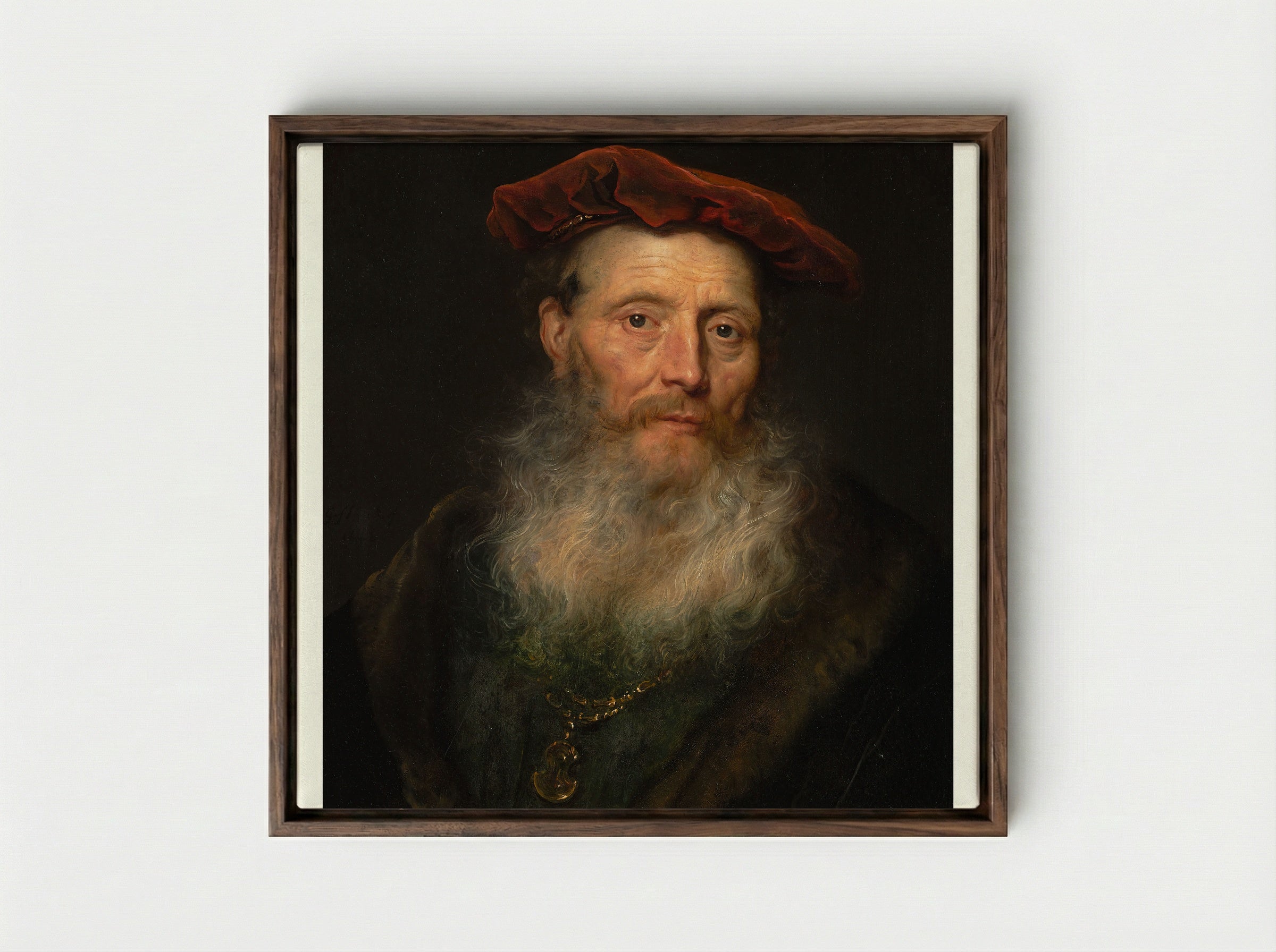 Bearded Man with a Velvet Cap - Govert Flinck - Framed Canvas Dark Wood