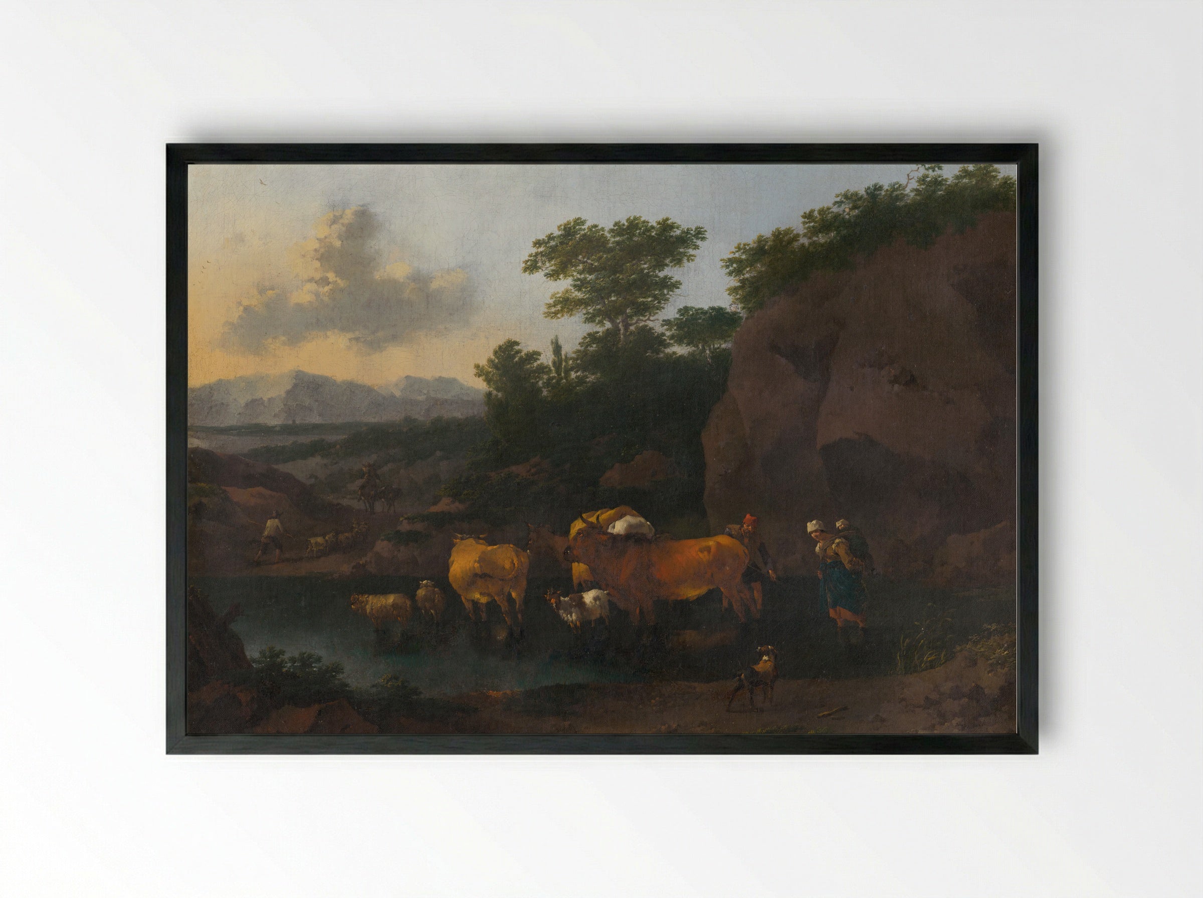 Italianate Landscape with Cattle Ford - Pieter van Bloemen - Framed Print Black