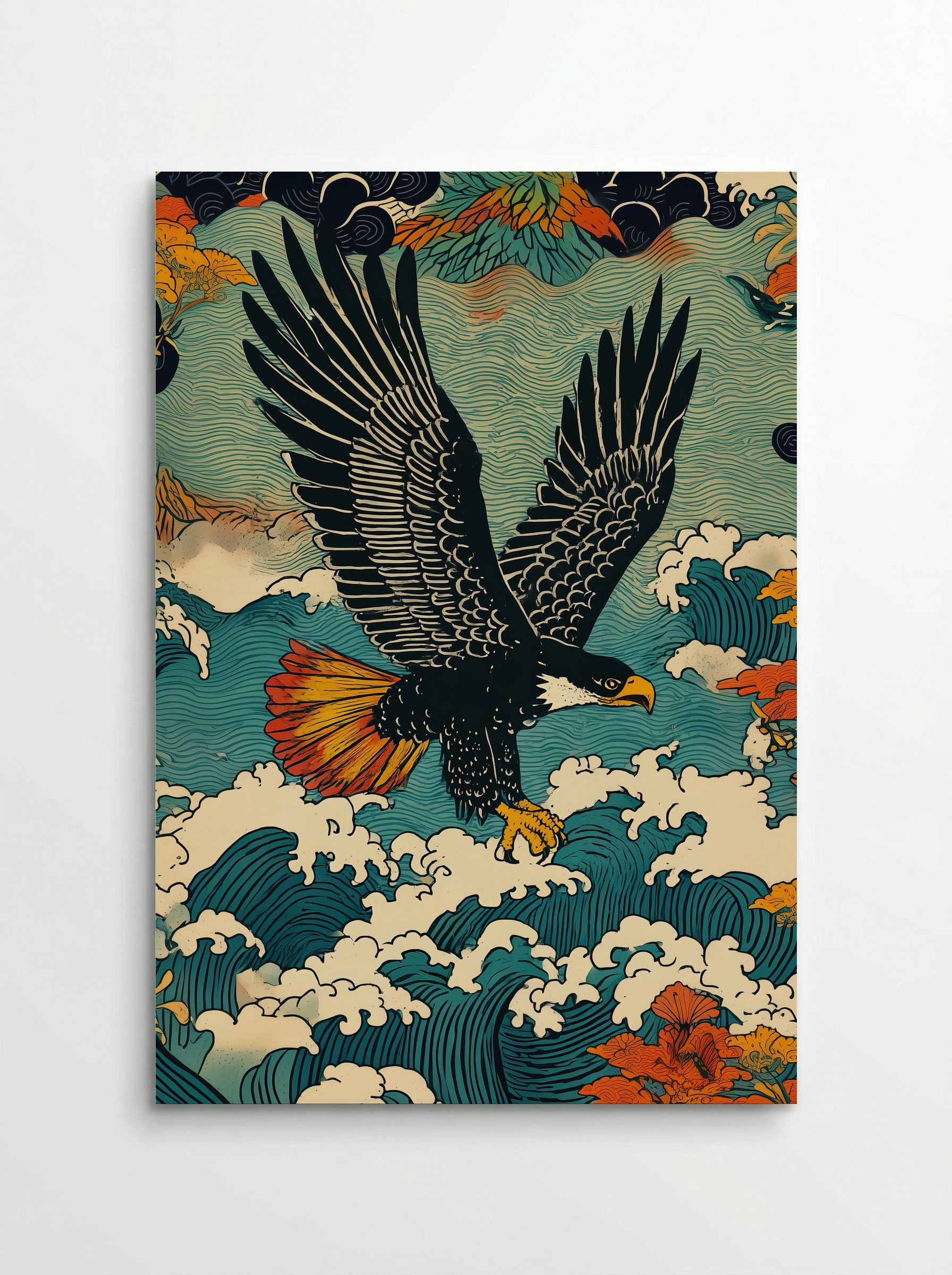 Eagle Above Waves and Blossoms - Japanese Tattoo Style Print - Poster