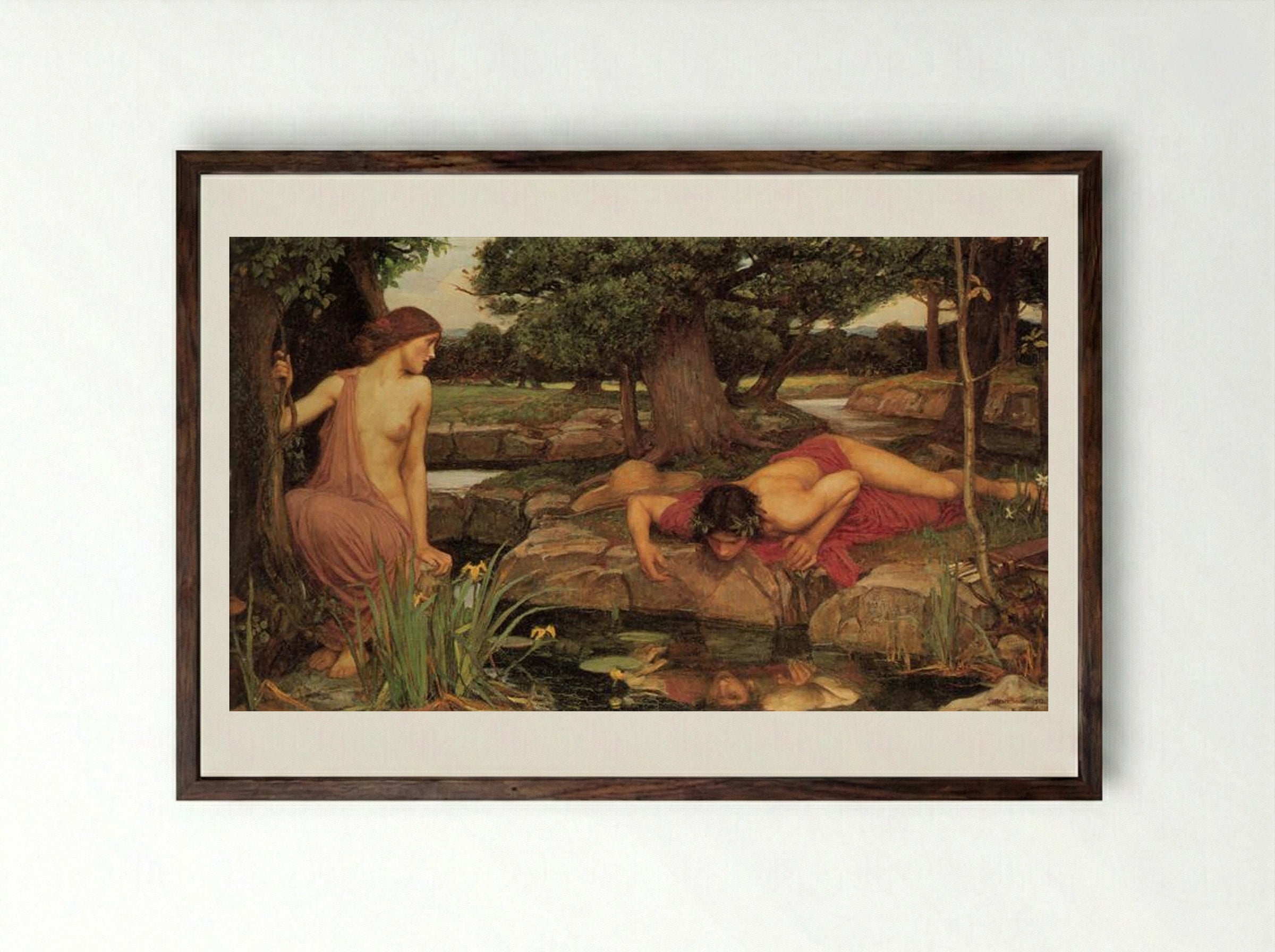 Narcissus - John William Waterhouse - Framed Print Dark Wood