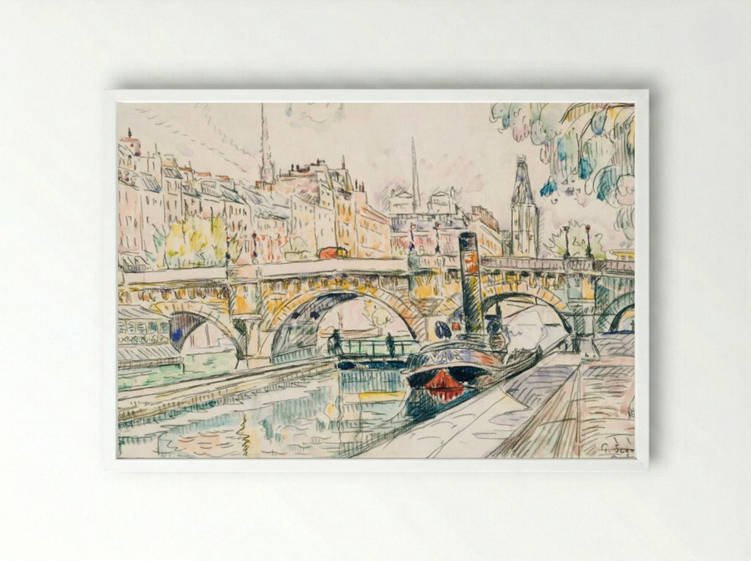 Tugboat at the Pont Neuf, Paris - Paul Signac - Framed Print White