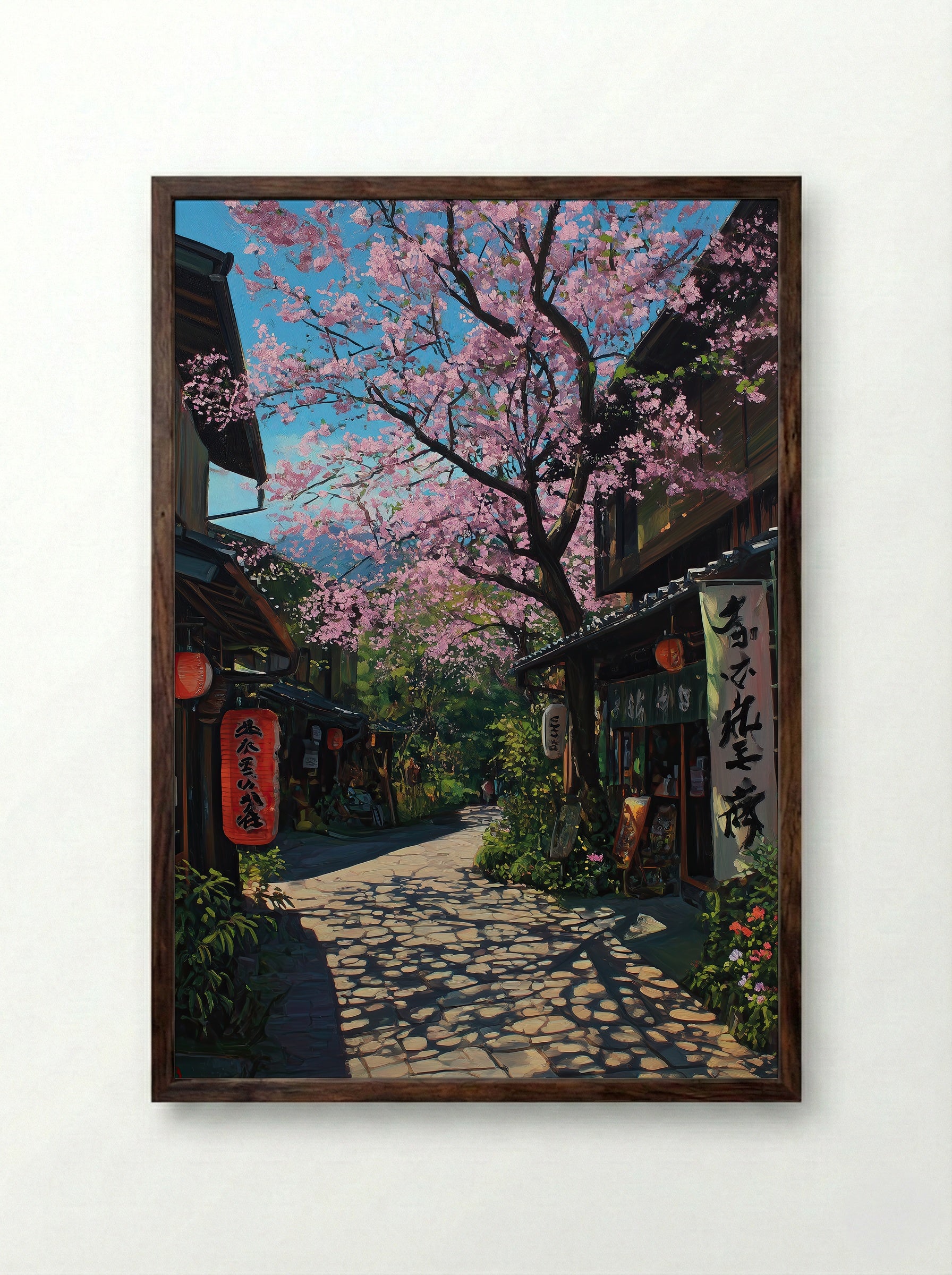 Springtime Sakura Alley in Kyoto - Framed Print Dark Wood
