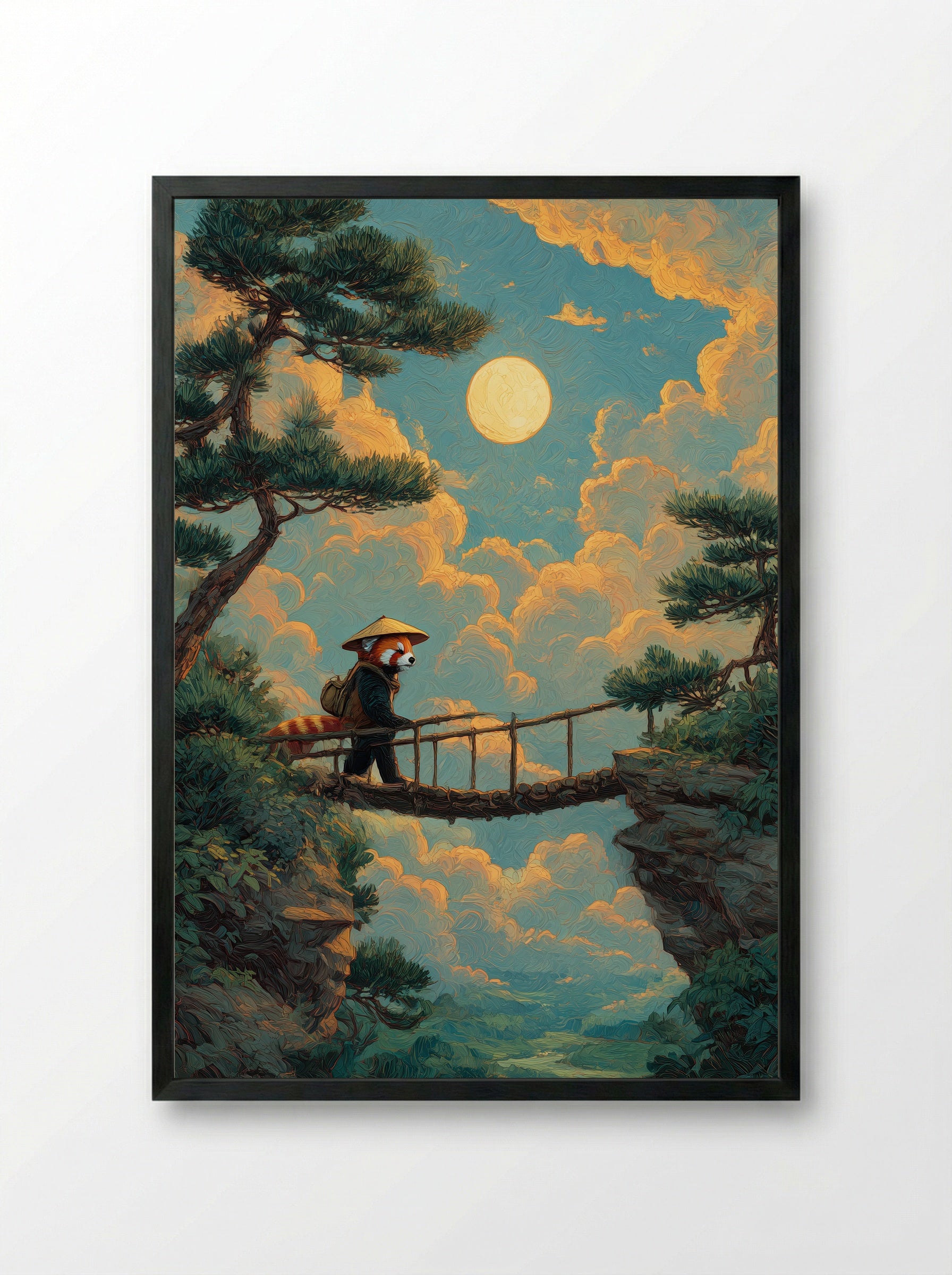 Wanderer’s Crossing – Red Panda Journey at Moonrise Wall Art - Framed Print Black