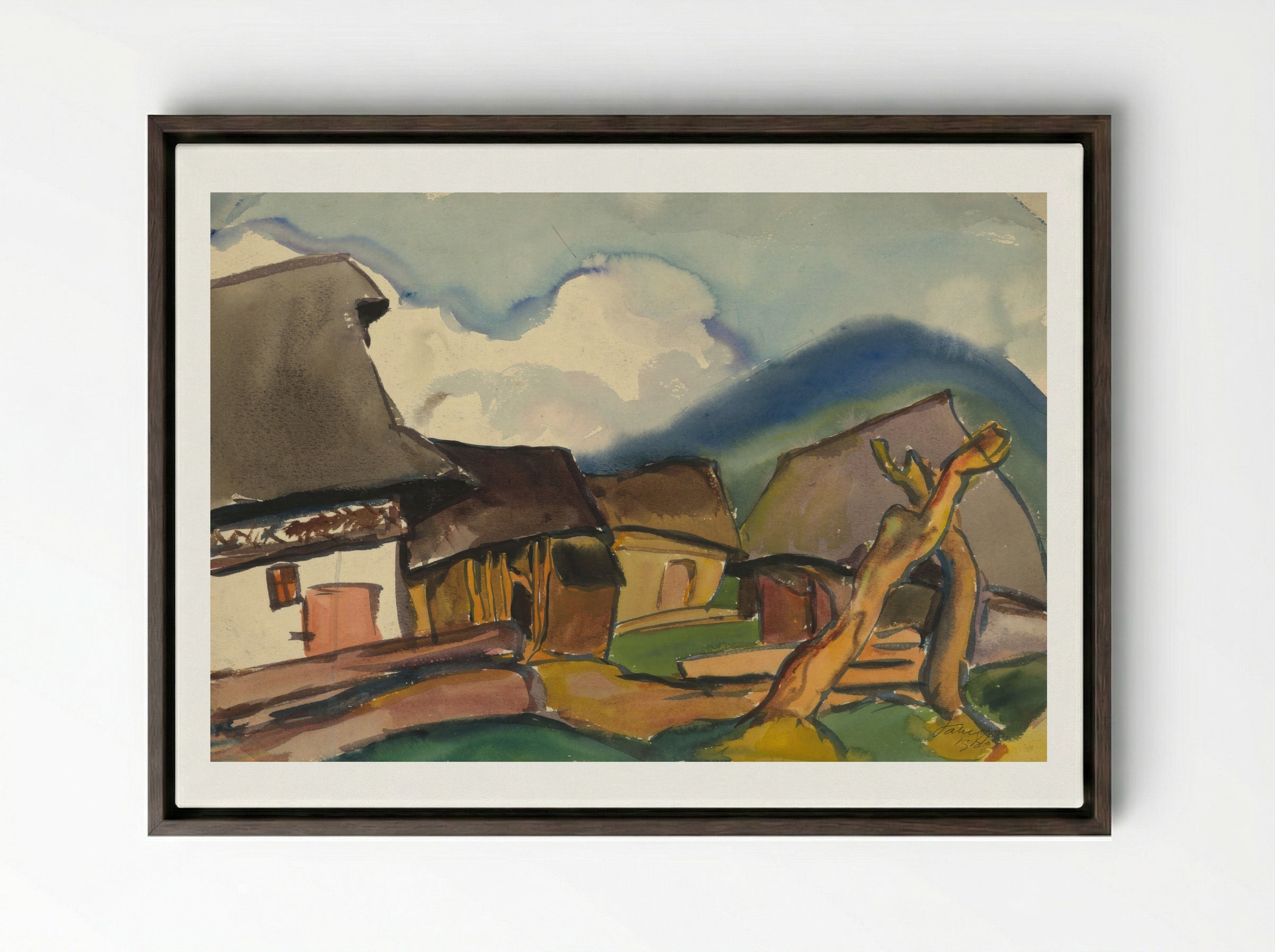 Village Scene - Zolo Palugyay - Framed Canvas Dark Wood