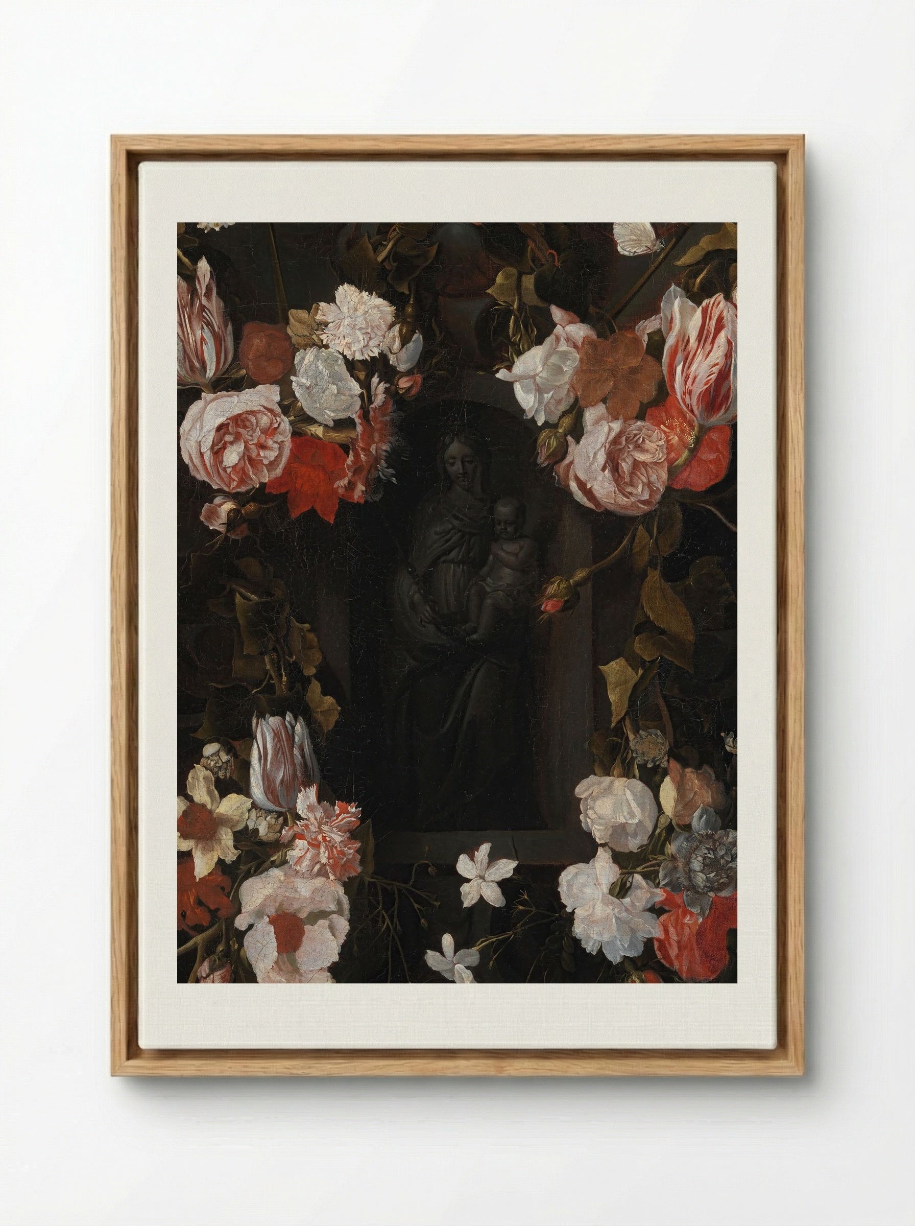 A Flower-Wreathed Niche with a Stone Figure of the Madonna - Fine Art Print - Framed Canvas Wood