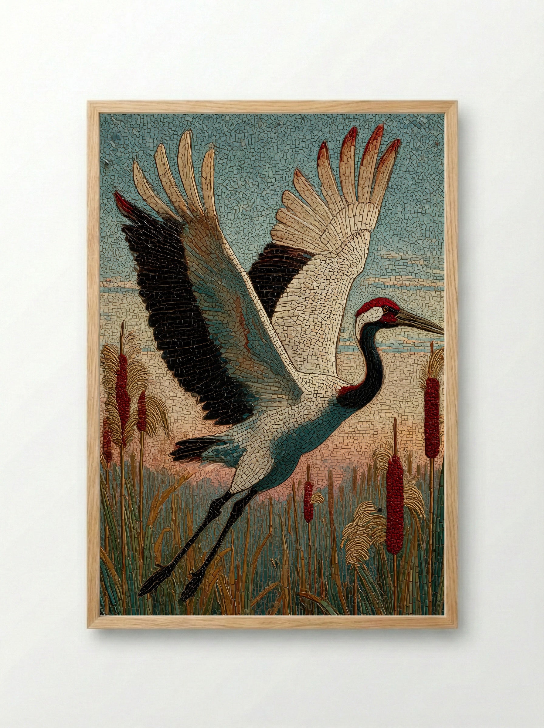 Crane over Reeds - Japanese Mosaic Print - Framed Print Wood