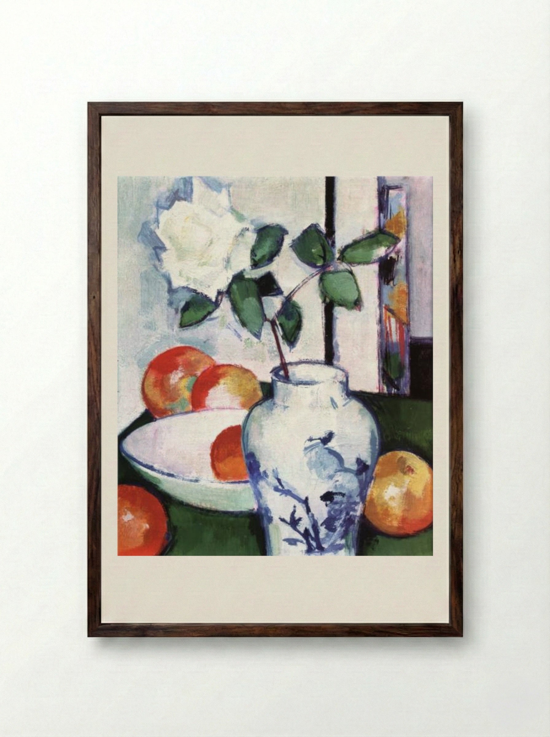 Still Life. Apples and a White Rose in an Oriental Vase - Samuel Peploe - Framed Print Dark Wood