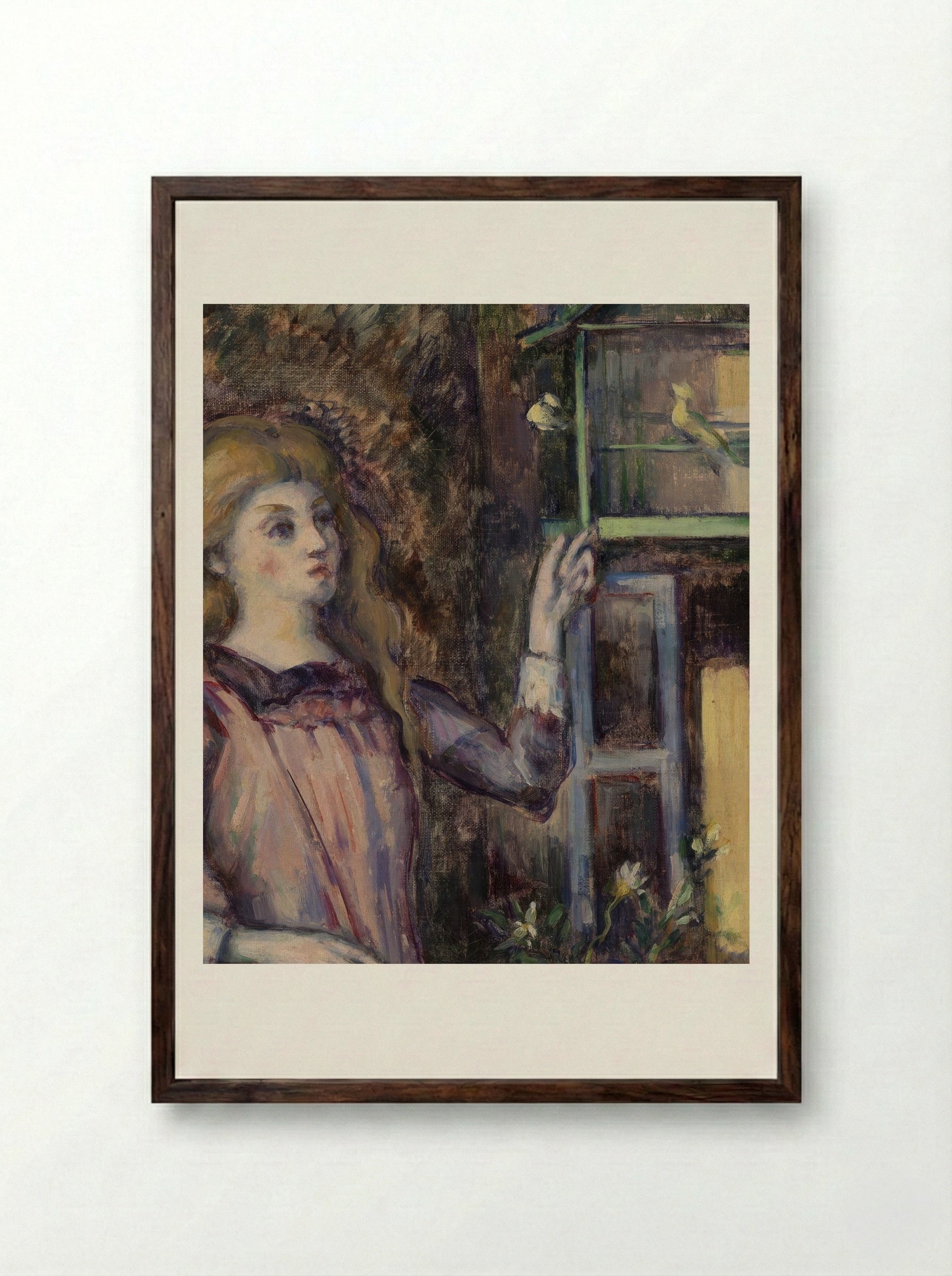 Girl with a Birdcage - Paul Cézanne - Framed Print Dark Wood