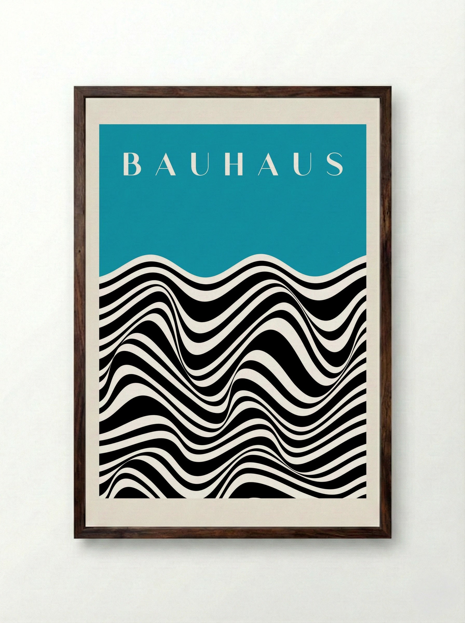 Bauhaus Waves on Cyan - Framed Print Dark Wood