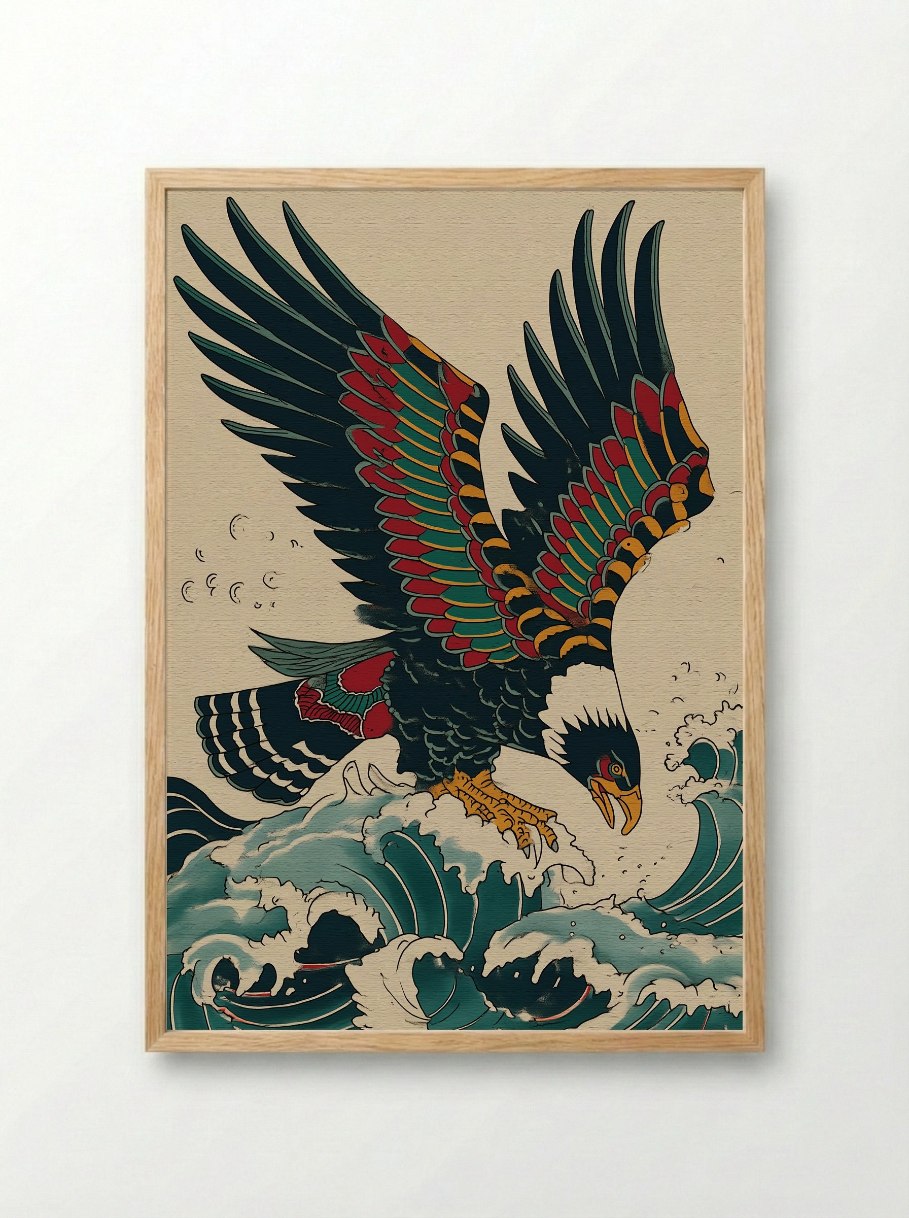 Eagle Over Waves - Japanese Inspired Art Print - Framed Print Wood