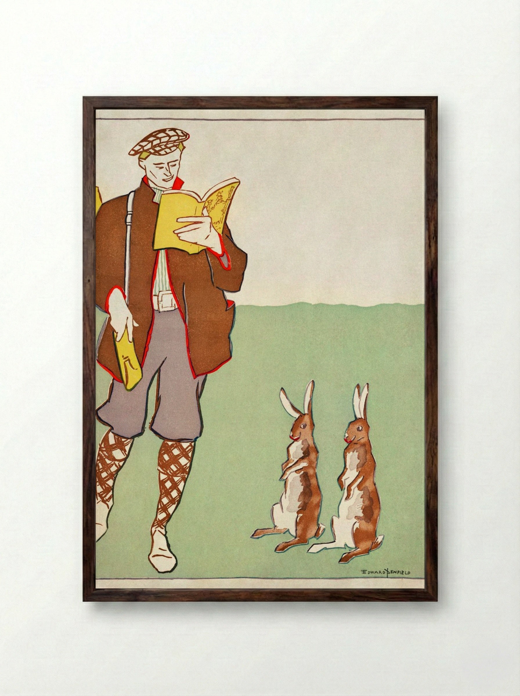 Man Reading a Book with Hares - Edward Penfield - Framed Print Dark Wood