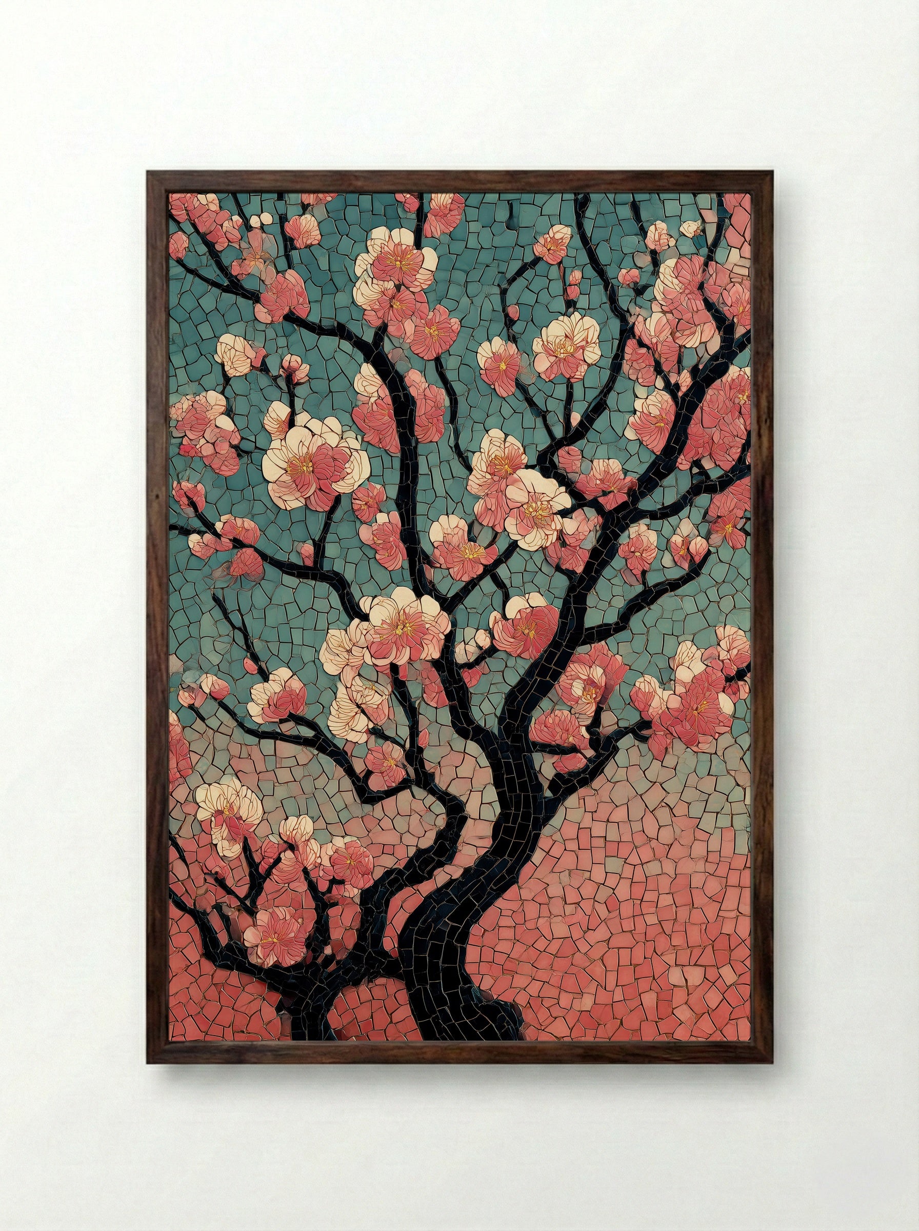Plum Blossoms at Kameido Shrine - Japanese Mosaic Print - Framed Print Dark Wood
