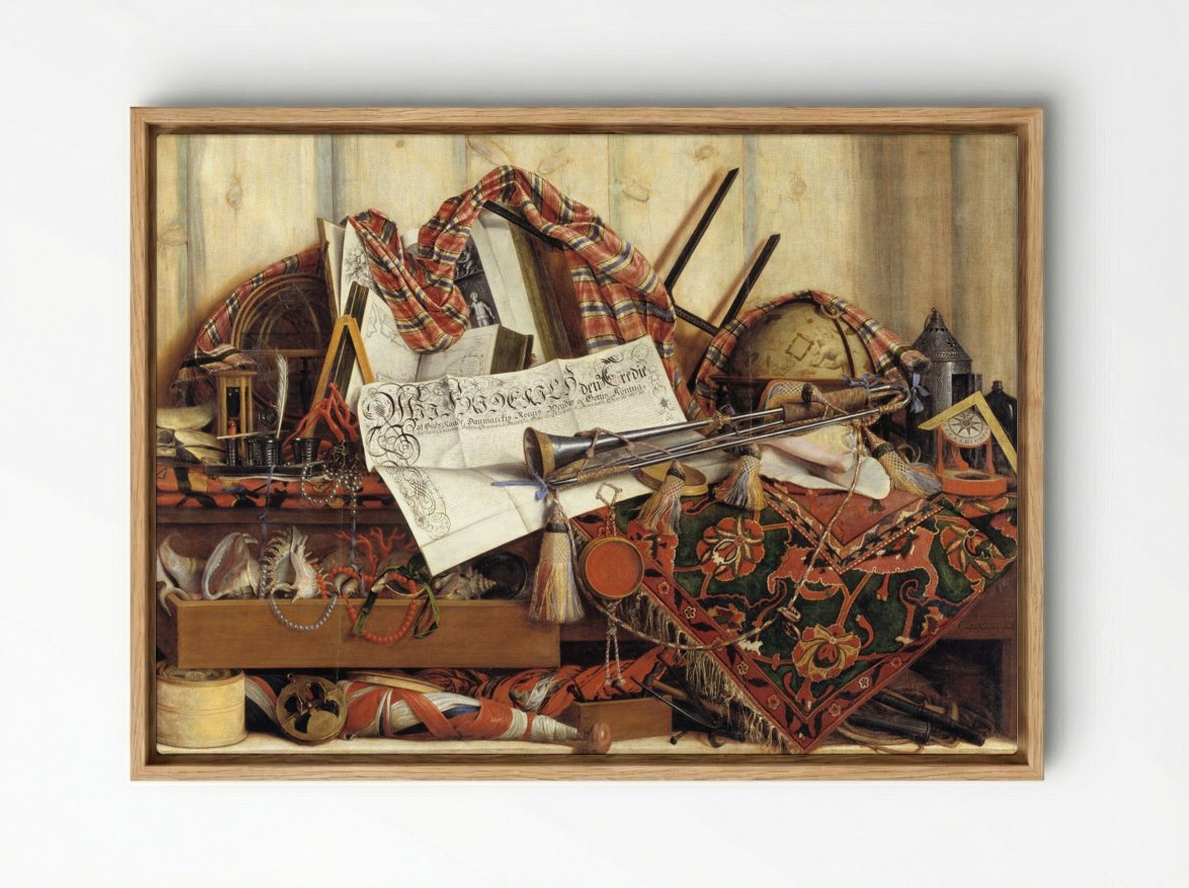 Trompe l'oeil with trumpet, celestial globe and Frederik III's proclamation - Cornelis Norbertus Gysbrechts - Framed Canvas Wood