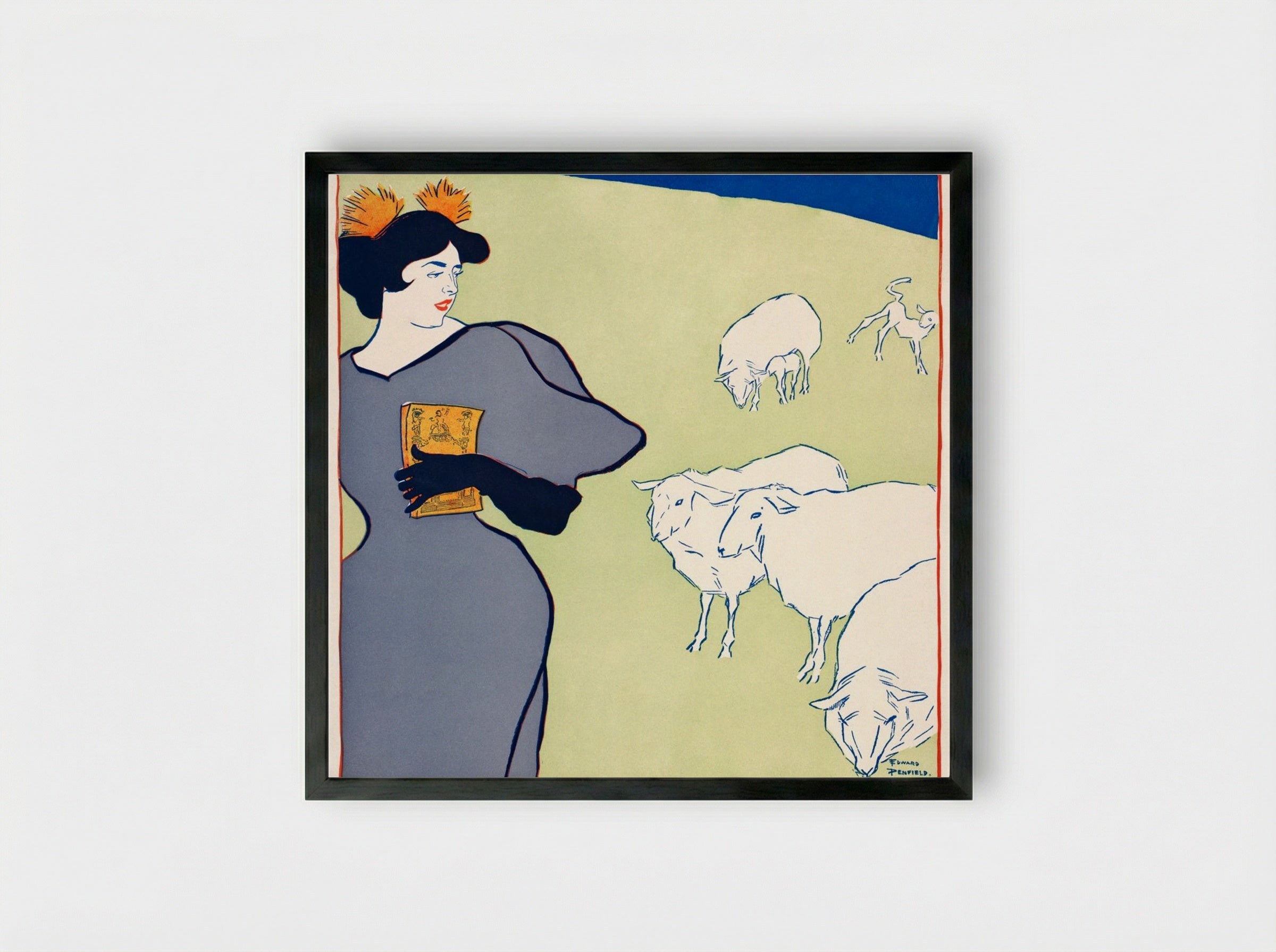 Woman and Sheep - Edward Penfield - Framed Print Black