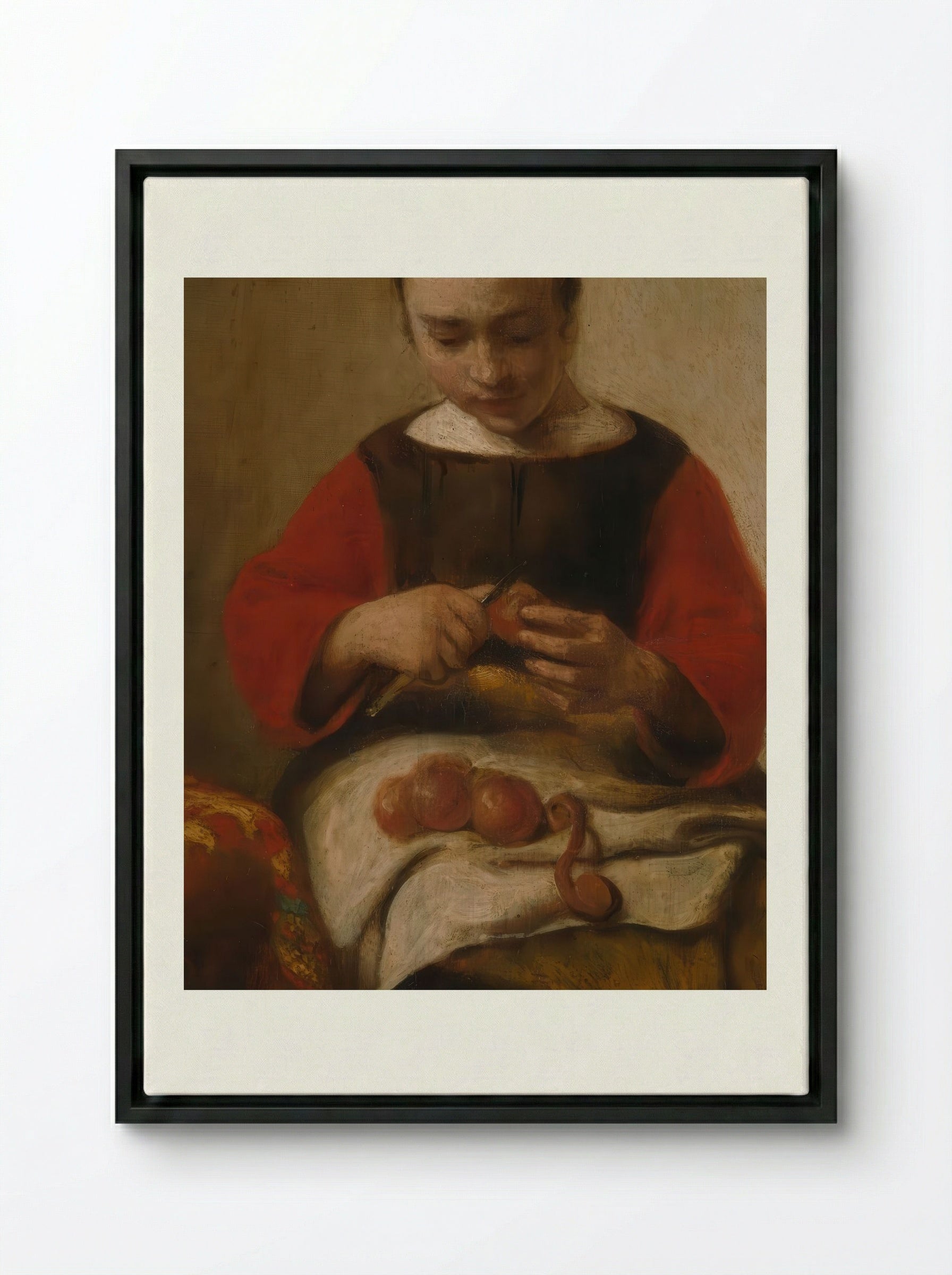 Young Woman Peeling Apples - Eglon van der Neer - Framed Canvas Black