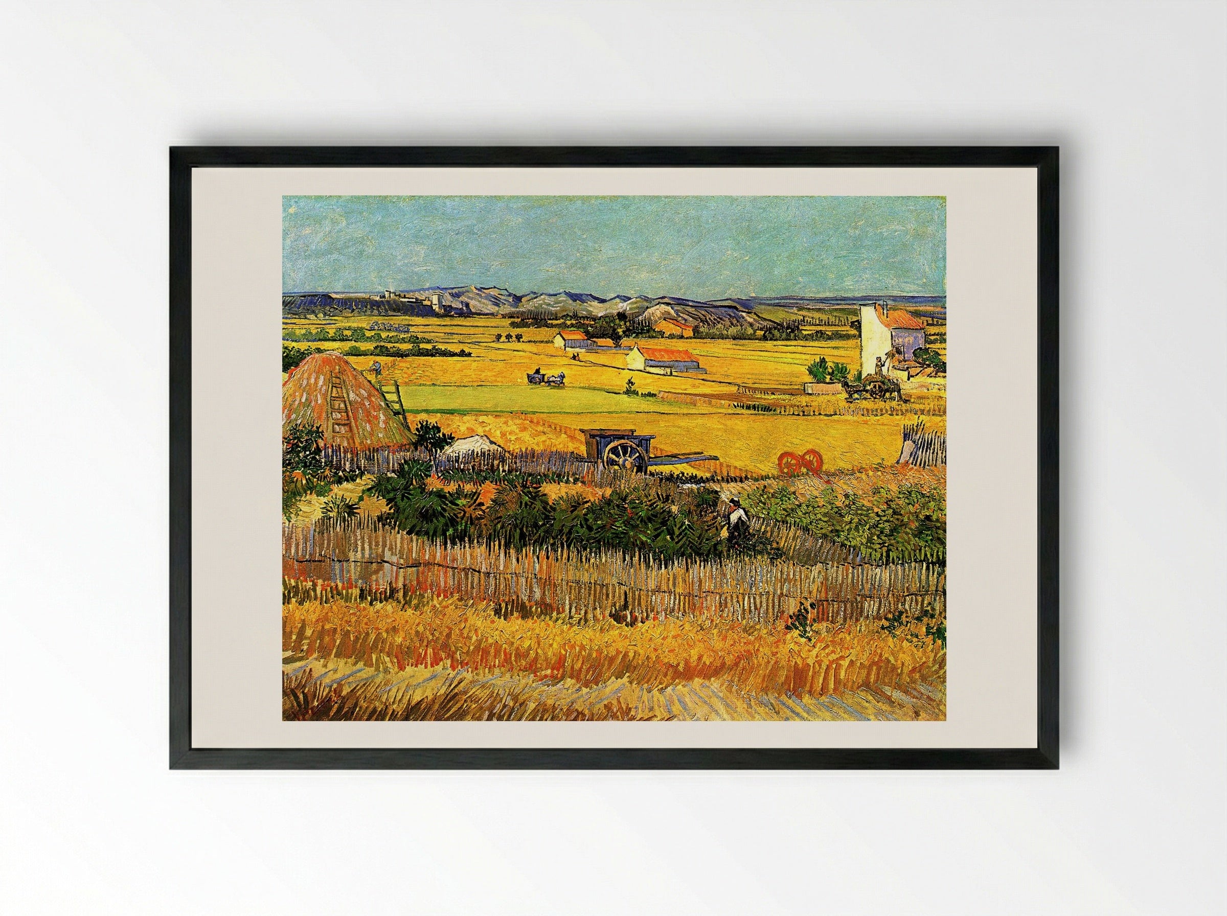 Harvest at La Crau, with Montmajour in the Background - Vincent van Gogh - Framed Print Black