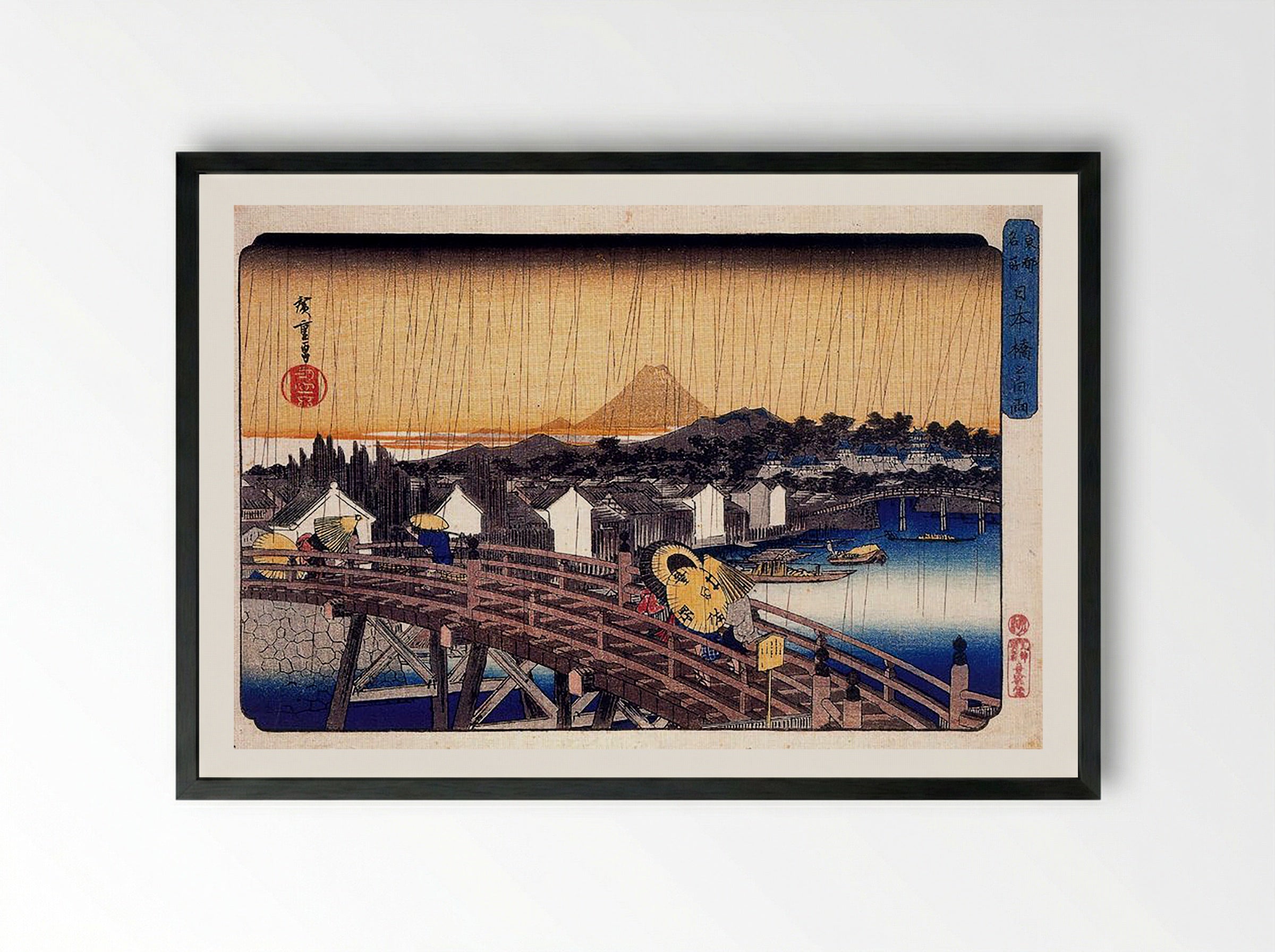 Evening Shower at Nihonbashi Bridge - Utagawa Hiroshige - Framed Print Black