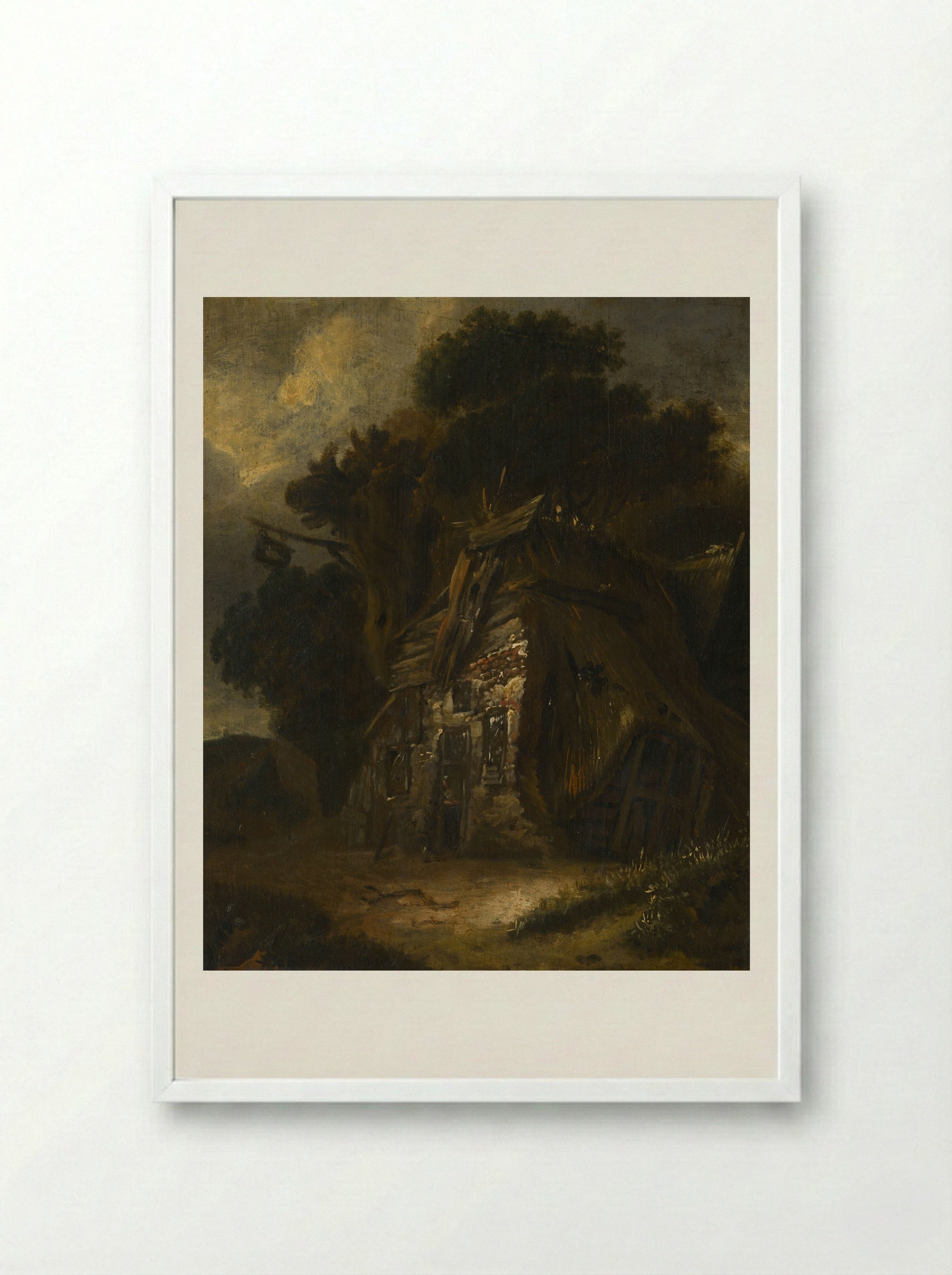 Thatched Hut in Landscape - Fine Art Print - Framed Print White