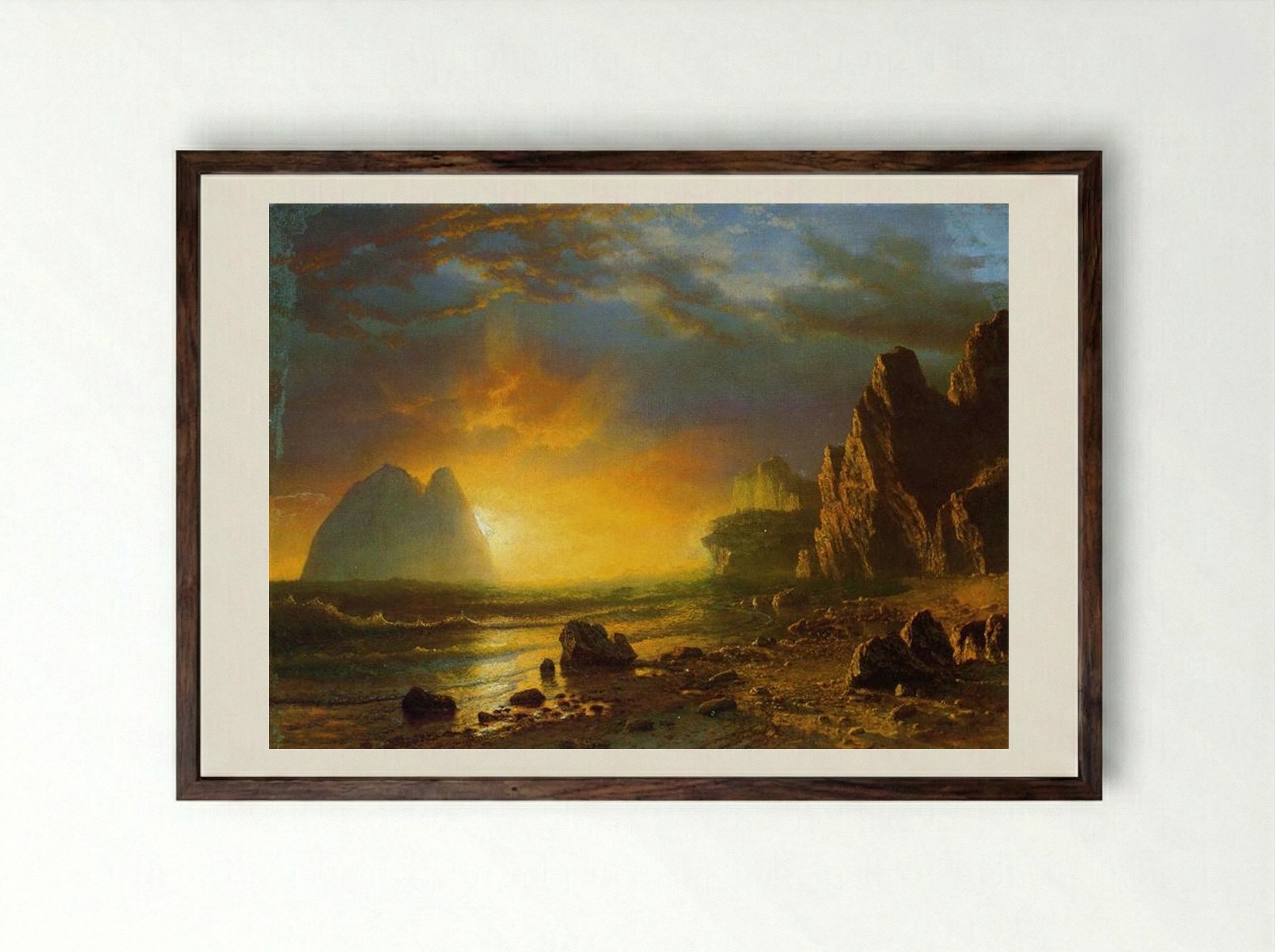 Sunset on the Coast - Albert Bierstadt - Framed Print Dark Wood