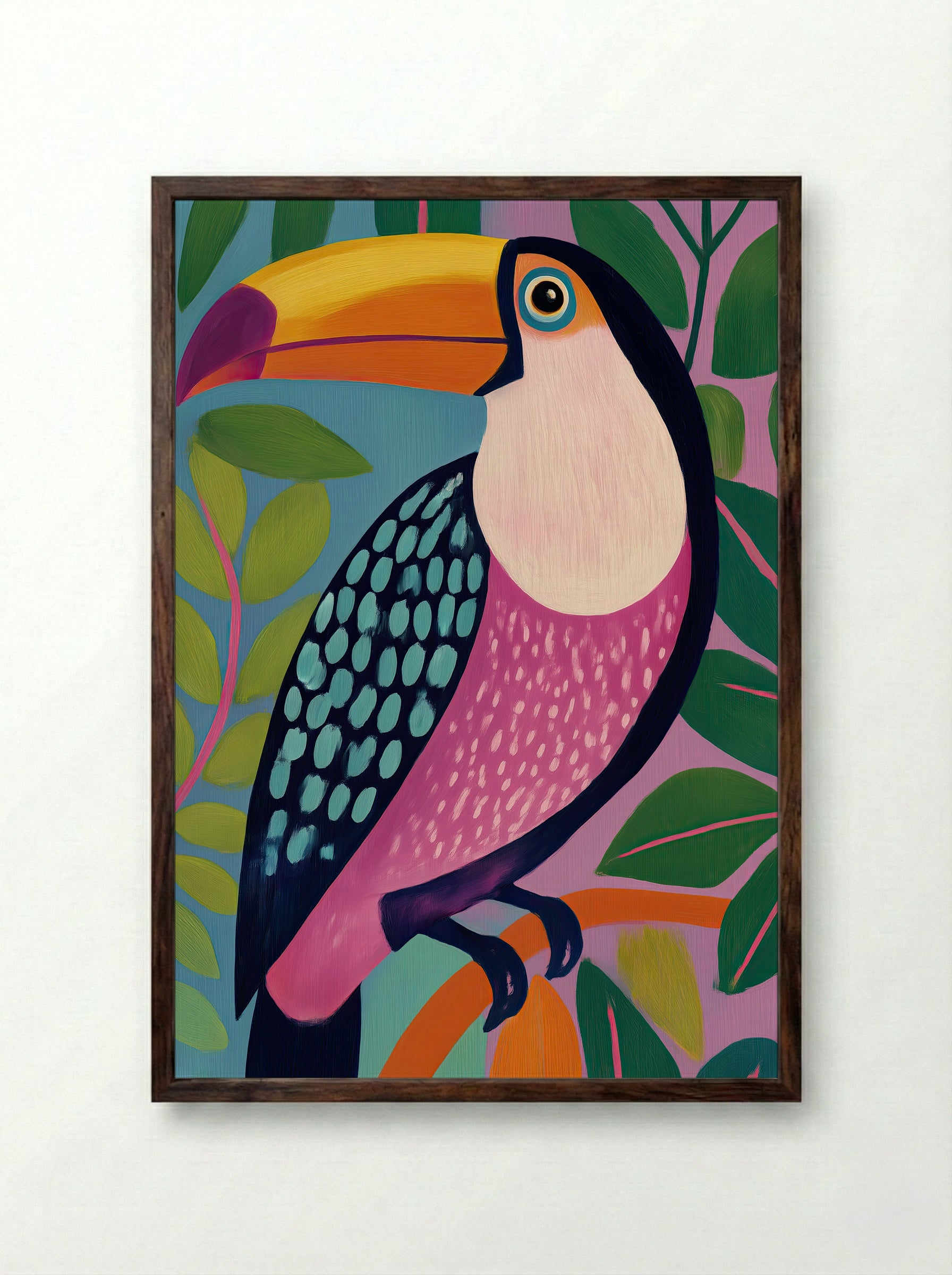 Tropical Toucan Colour Burst Art Print - Framed Print Dark Wood