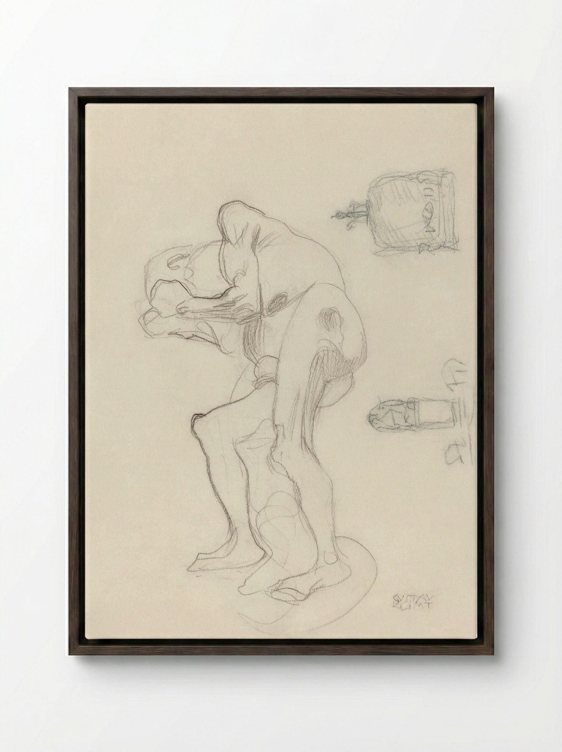 Study of a Nude Old Woman Clenching Her Fists and Two Decorative Objects - Gustav Klimt - Framed Canvas Dark Wood