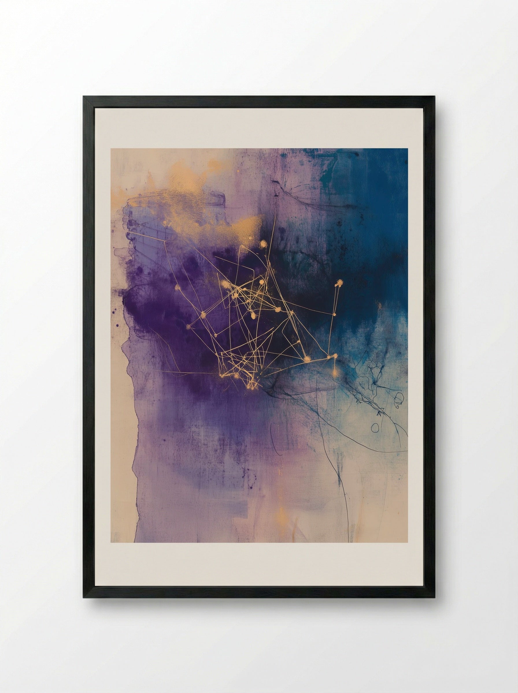 Celestial Threads – Abstract Cosmic Network in Gold and Violet - Framed Print Black