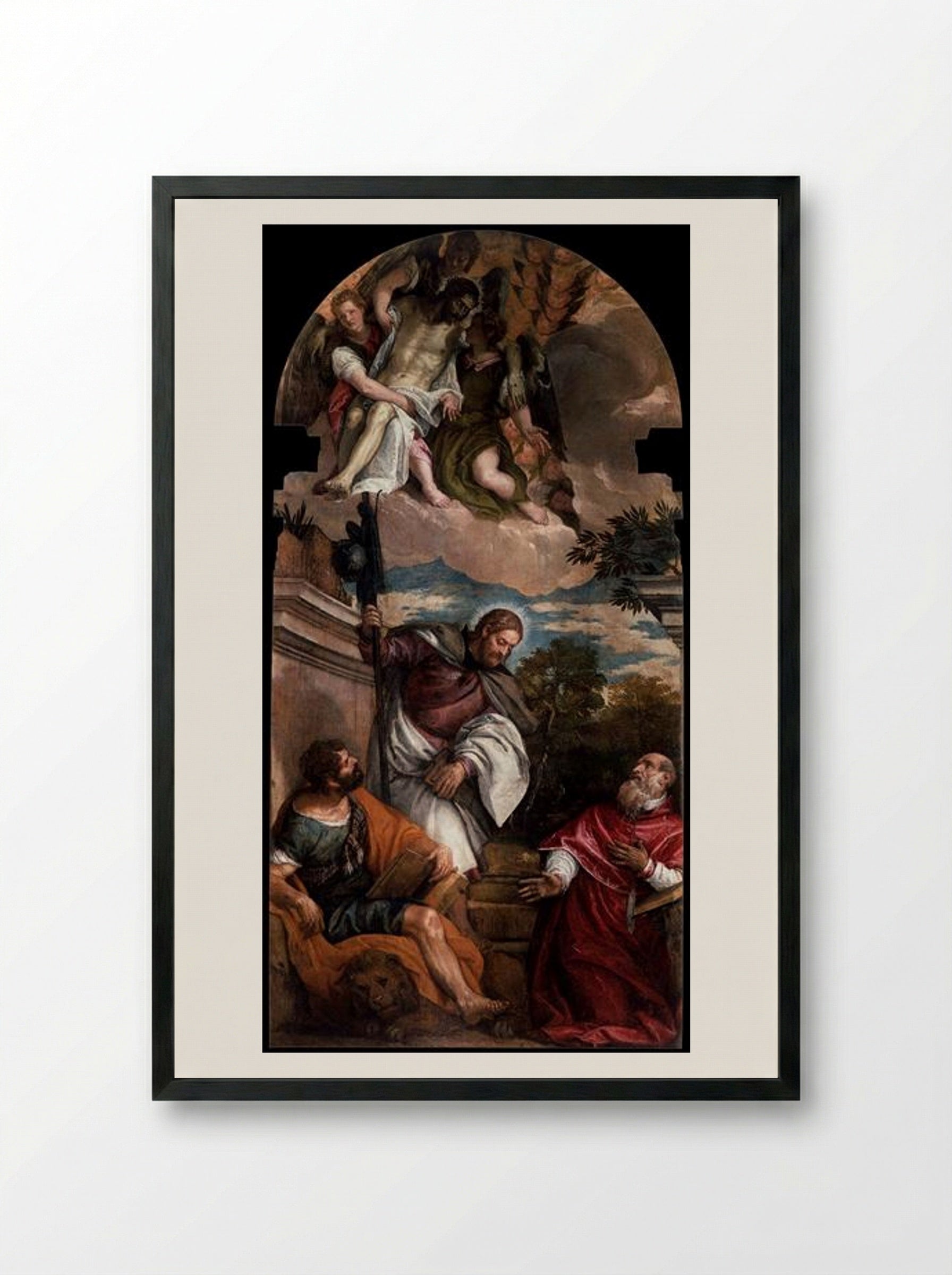 Sts Mark, James and Jerome with the Dead Christ Borne by Angels - Paolo Veronese - Framed Print Black