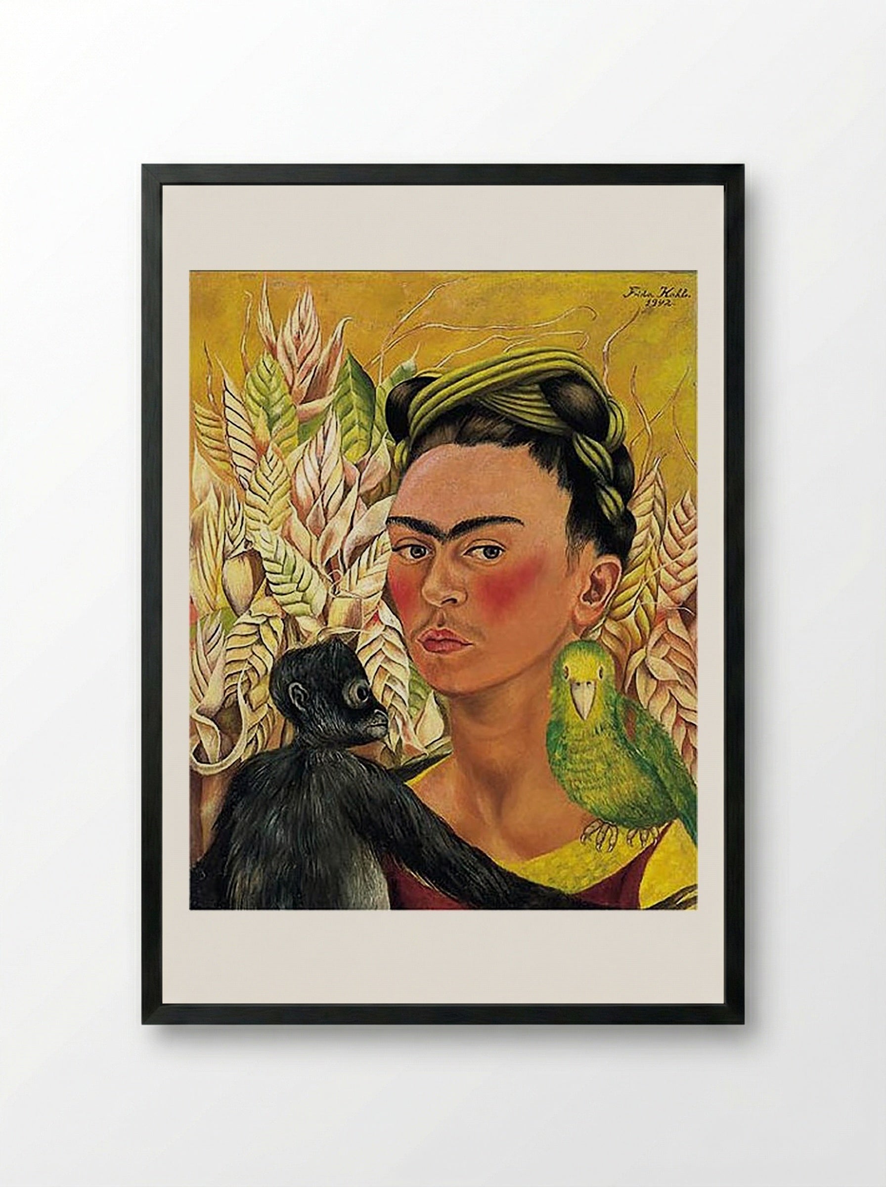 Self-Portrait with Monkey and Parrot - Frida Kahlo - Framed Print Black