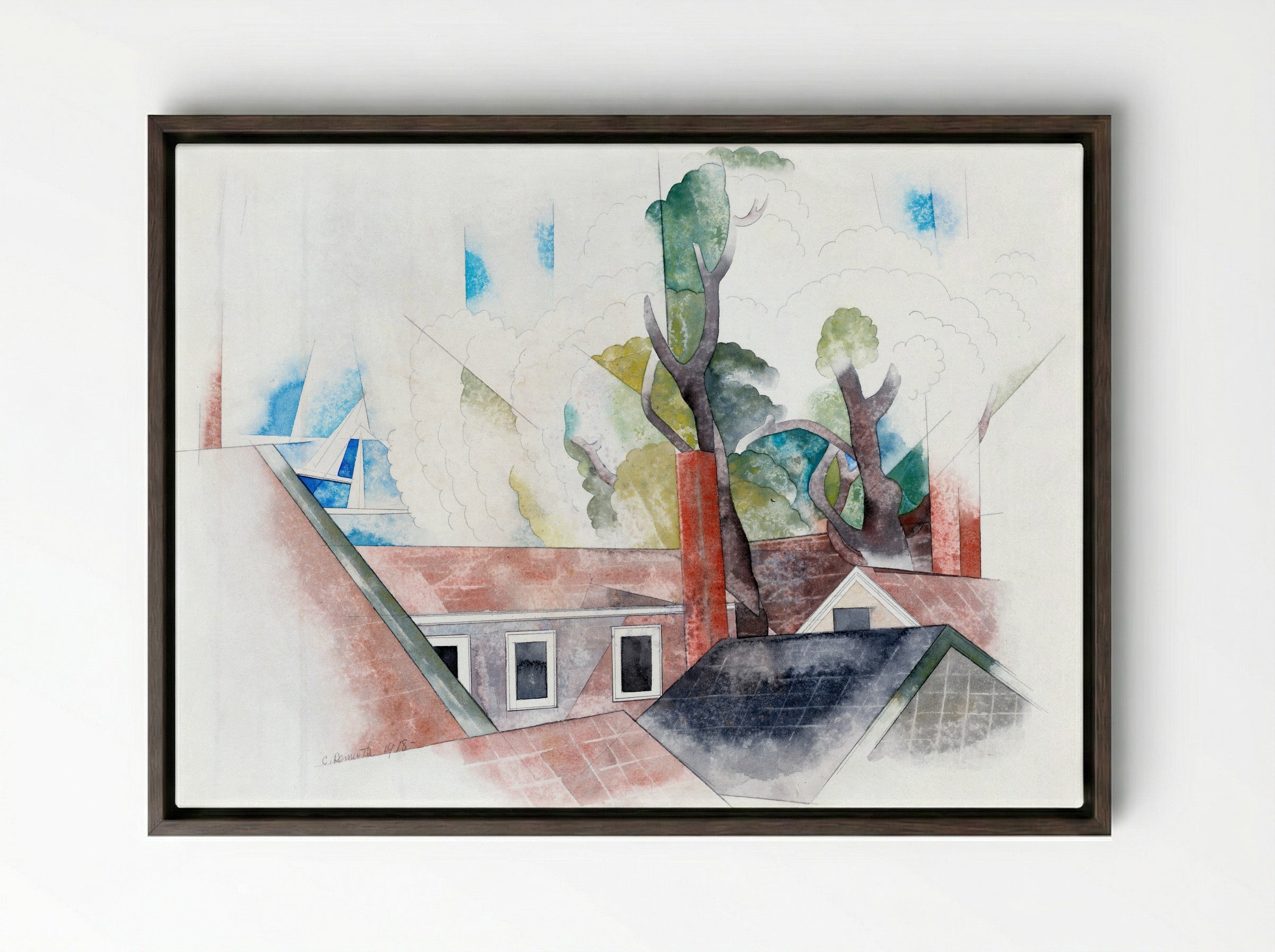 Rooftops and Trees - Charles Demuth - Framed Canvas Dark Wood