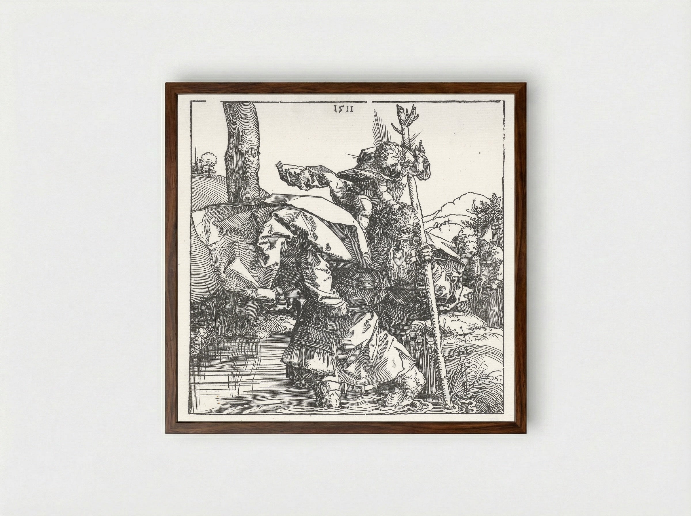 Saint Christopher Carrying the Christ Child - Albrecht Dürer - Framed Print Dark Wood